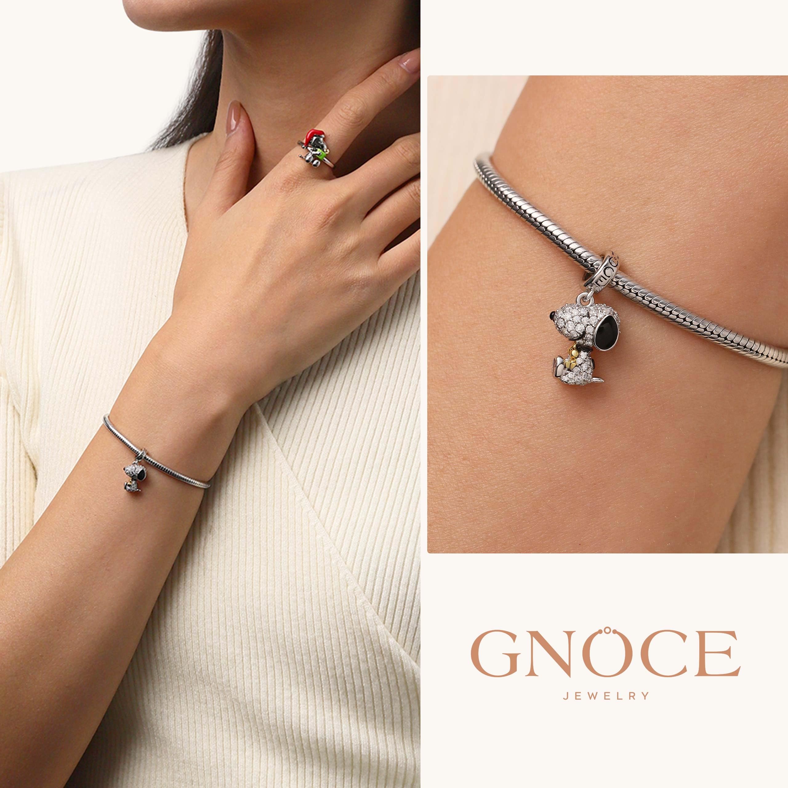 GNOCE Charm Anhänger Peanuts Snoopy Umarmung Woodstock Diamant Anhänger 925 Sterlingsilber Beads Charms für Frauen und Mädchen Schmuckgeschenk für Fans