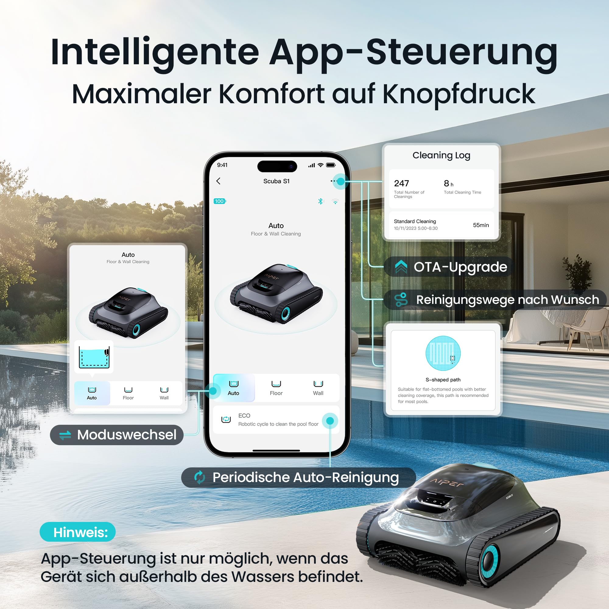 AIPER Scuba S1 Poolroboter Boden & Wand, Wasserlinie, 3μm Ultrafeiner Filter, 180 Min Akkulaufzeit, 15900LPH Poolsauger mit APP für Eingelassene Pools (Generalüberholt)