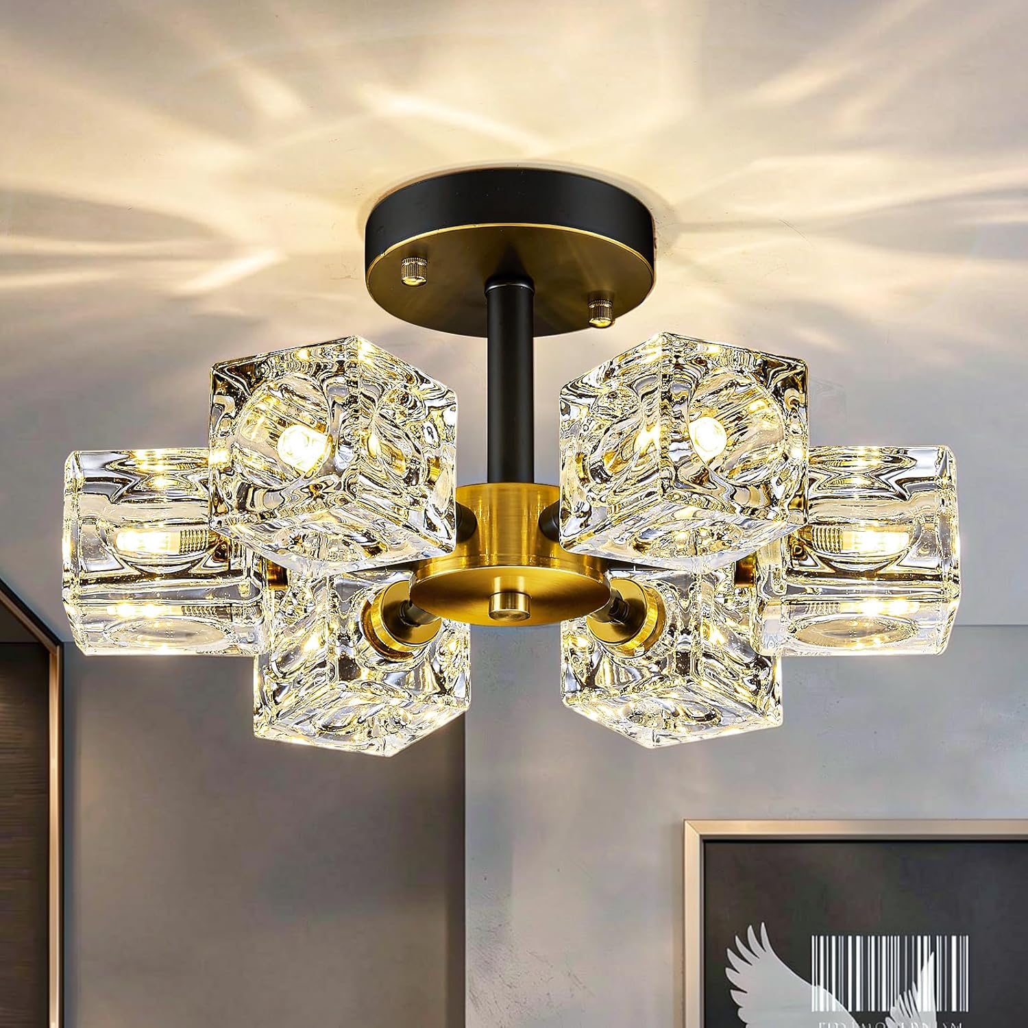 Black Modern Crystal Chandelier, 6-Light Semi Flush Mount Ceiling Light with Cube Glass Shades, Industrial Sputnik Pendant Light for Dining Room,Bedroom,Kitchen Island,Entrway,Hallway