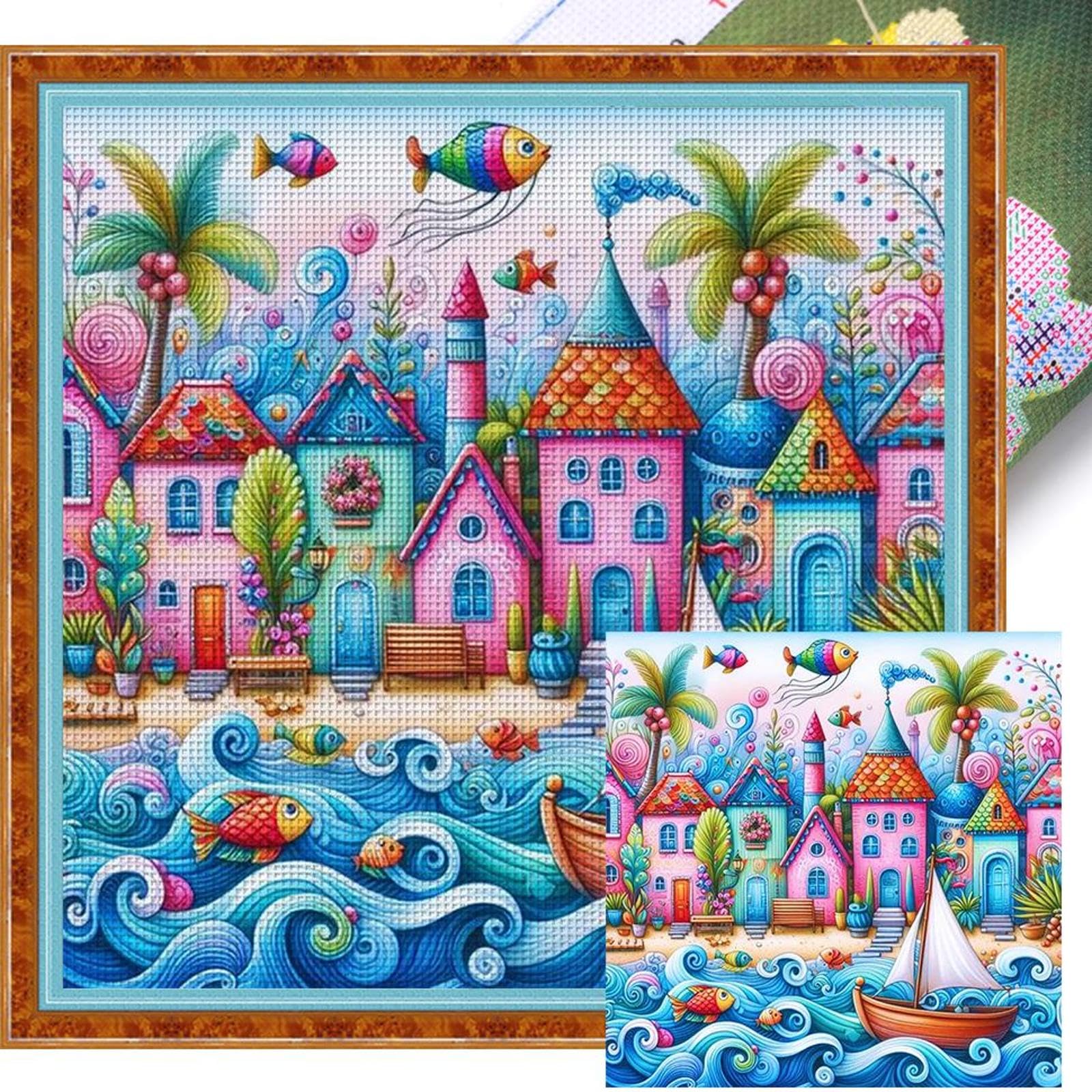 Stamped Cross Stitch Kits for Adults Beginners,Colorful House 14CT Printed DIY Canvas Pattern, Easy Needlepoint Embroidery Kit Supplies, Home Wall Decor Art Craft Gift 15.7 * 15.7inch