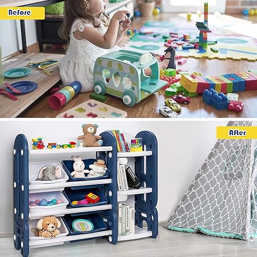 Miniatura 7 de Costzon Organizador de almacenamiento de juguetes, estante de juguetes de 4 niveles con 6 contenedores de plástico extraíbles para libros y