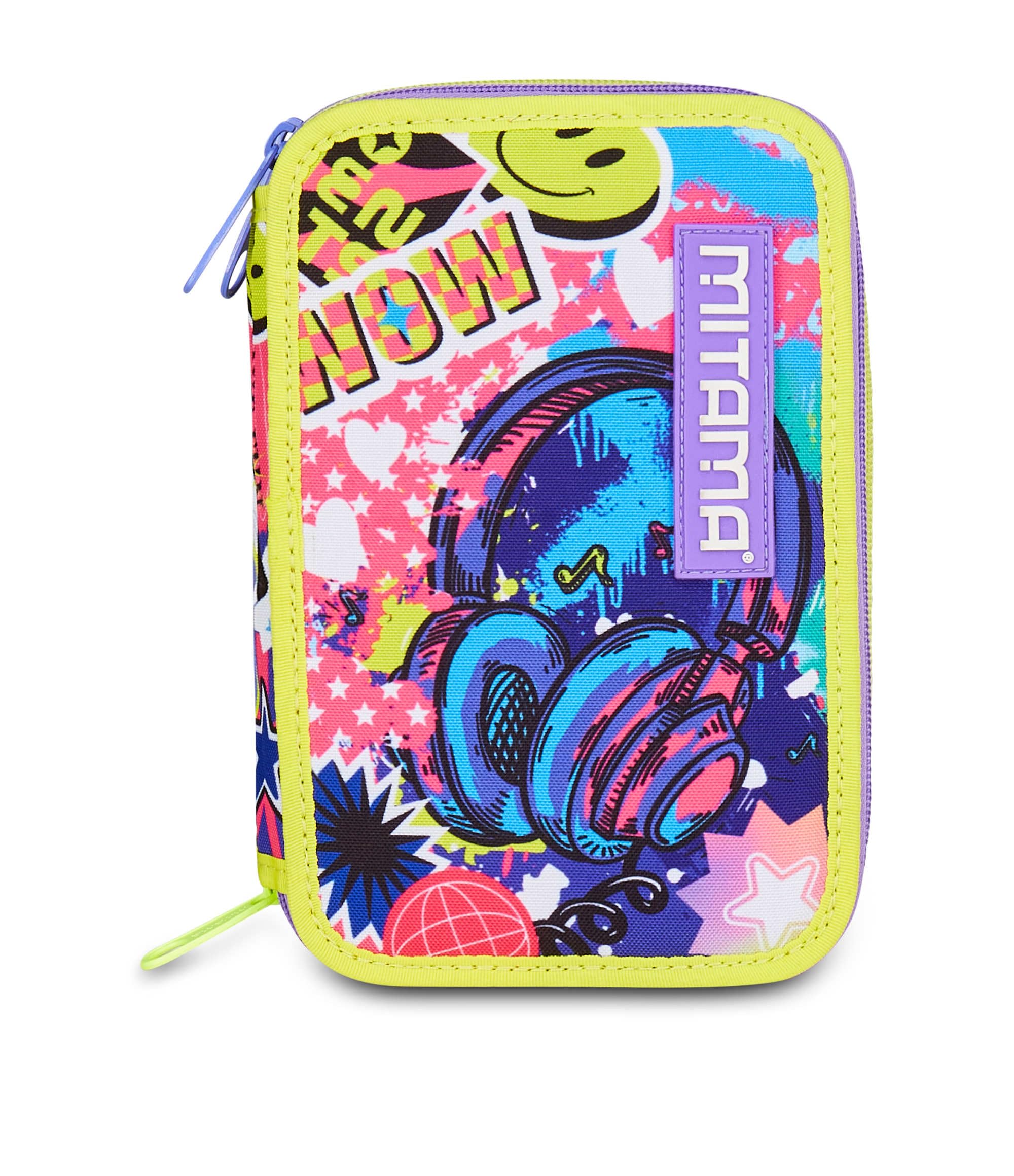 Mitama Astuccio Scuola 3 Scomparti, TRIPLO MUSIC STICKER, Contenuto 47 pz, Completo di Matite, Pennarelli, Portapenne Scuola Elementare Bambina