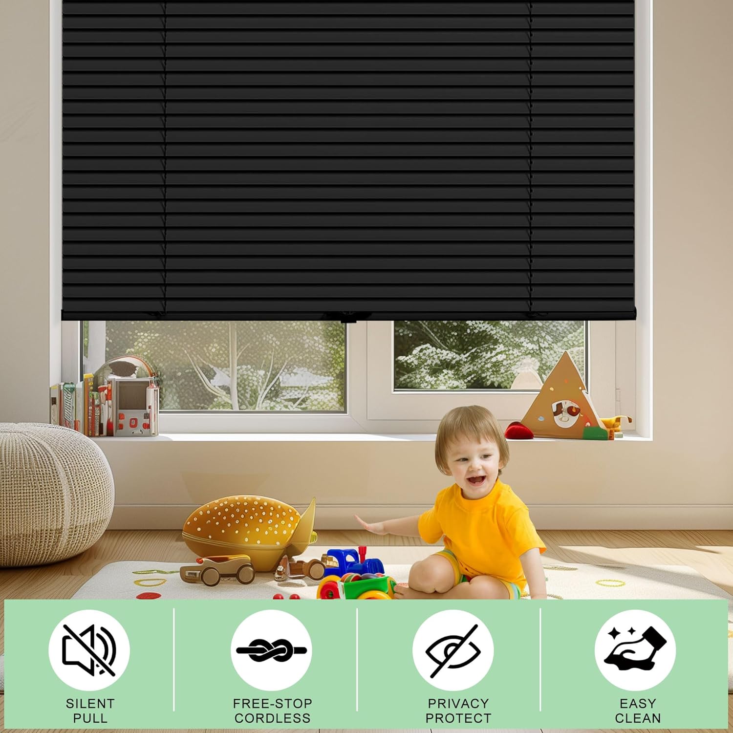 1" Aluminum Vinyl Mini Blinds Room Darkening Venetian Blind Light Filtering Aluminum Horizontal Blinds Cordless Mini Shades for Home Door Interior Inside or Outside window,36.5"W x 84"H,Black