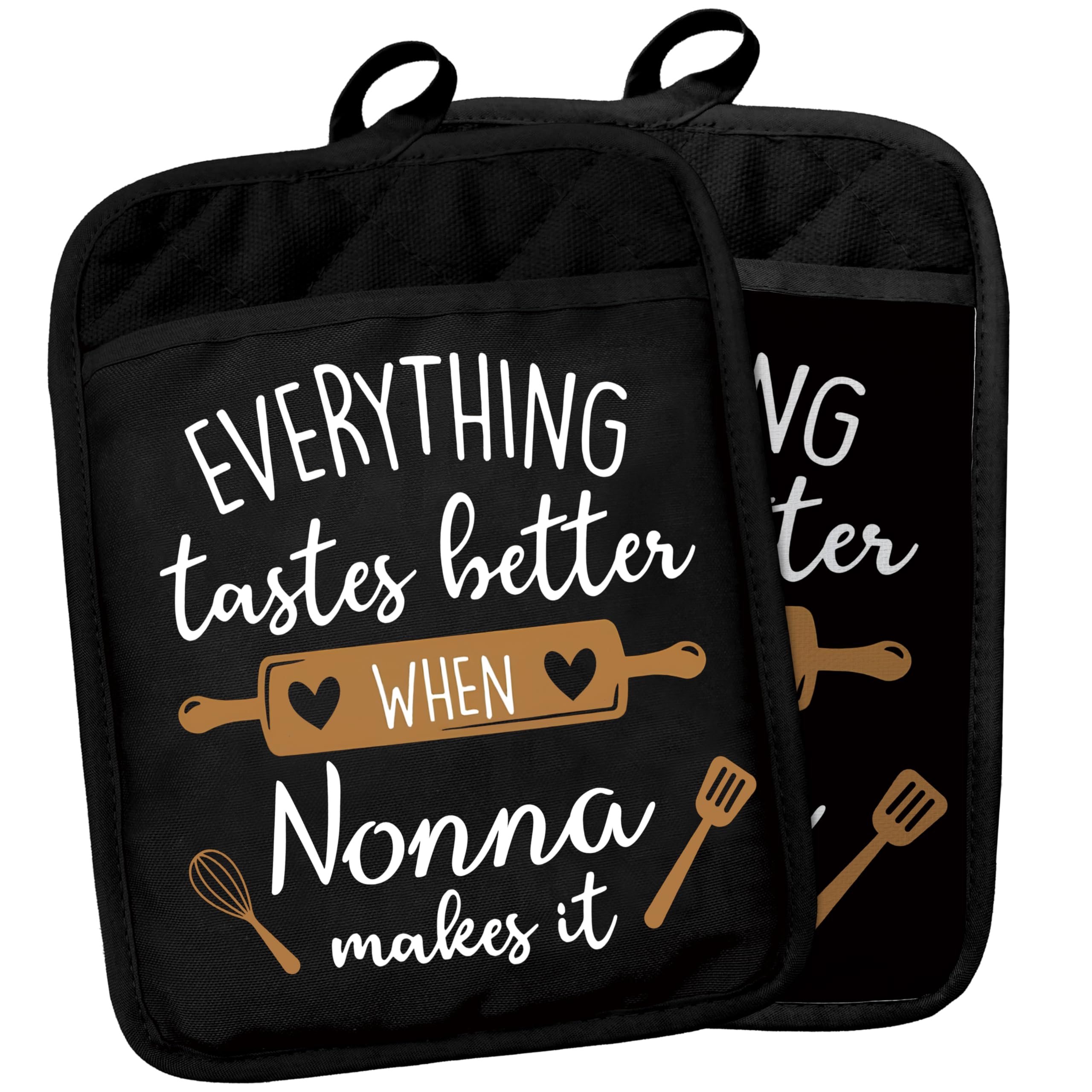 Nonna Gifts Pot Holders with Pockets, Grandma Kitchen Gifts, Everything Tastes Better When Nonna Makes It Pot Holders Heat Resistant Oven Mitts Hot Pads for Kitchen Baking Cooking