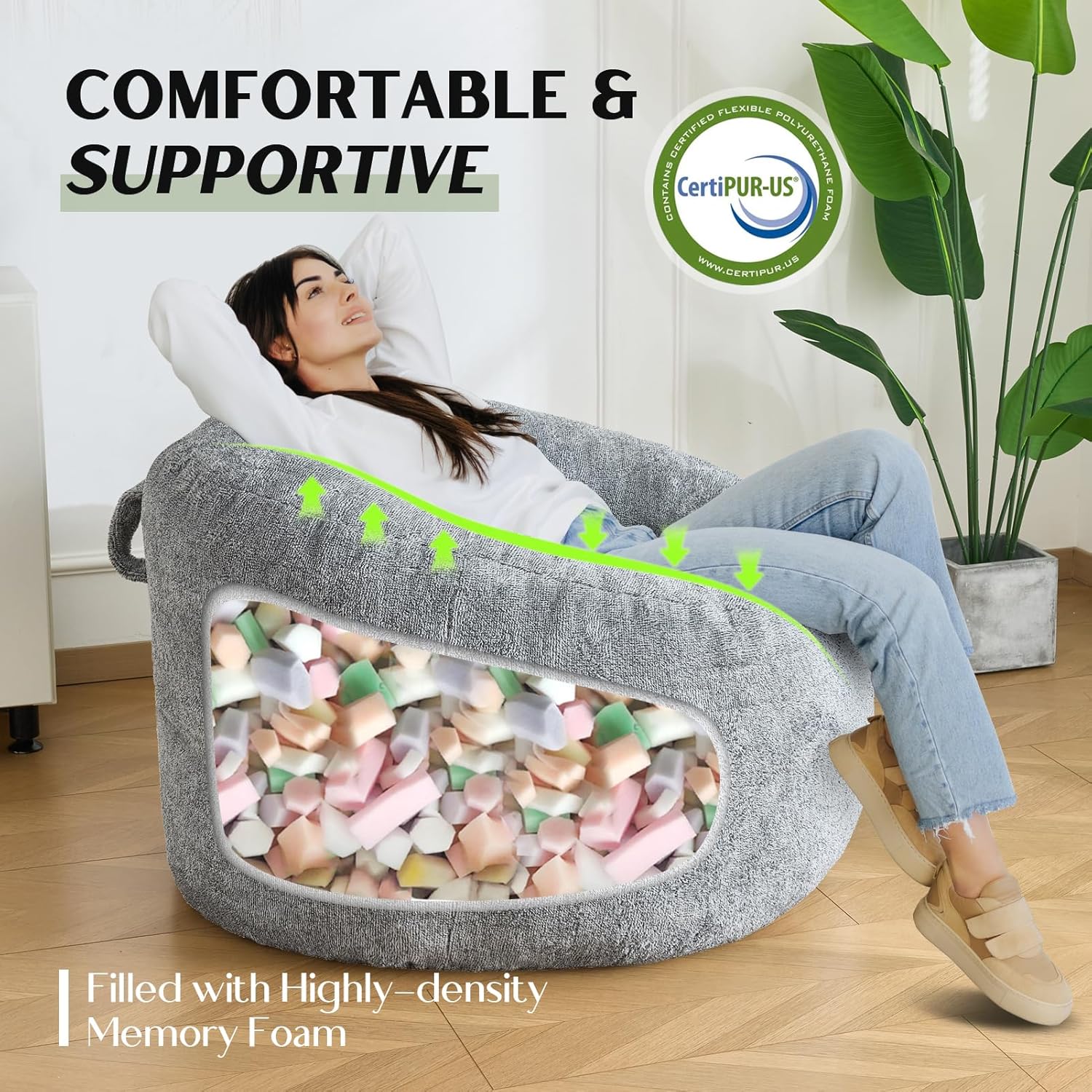 SHOUREN Large Bean Bag Chair,Sherpa Fabric Bean Bag Couch with Backrest,Bean Bag Sofa for Adult/Teen,Soft Memory Foam Floor Sofa,Grey