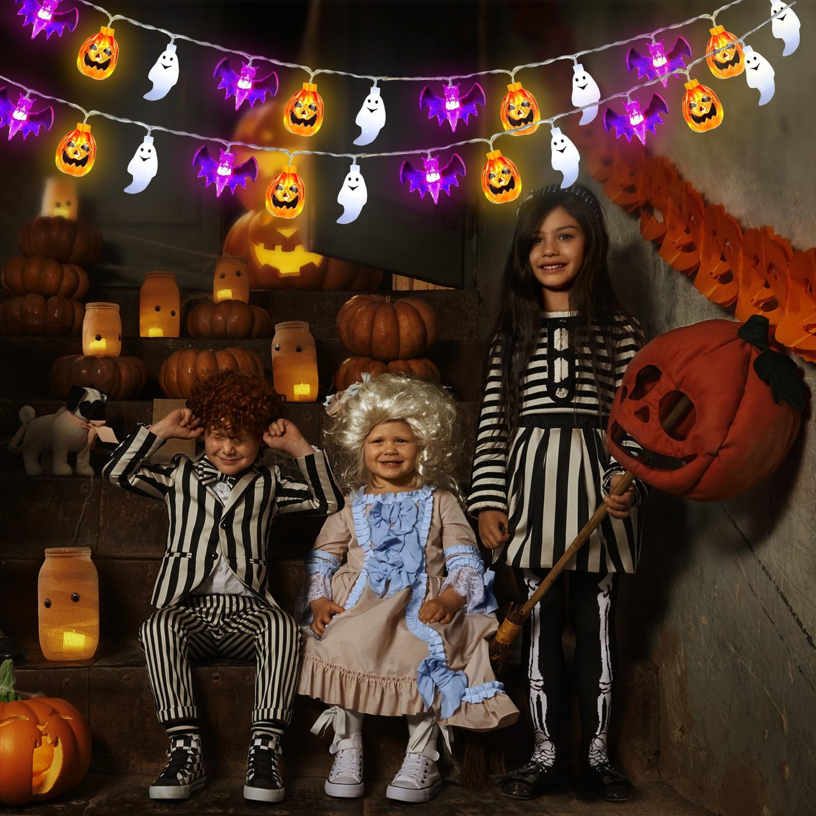 KAL-Halloween Light Garlands,3 * 20 Led Chauve-Souris Fantôme