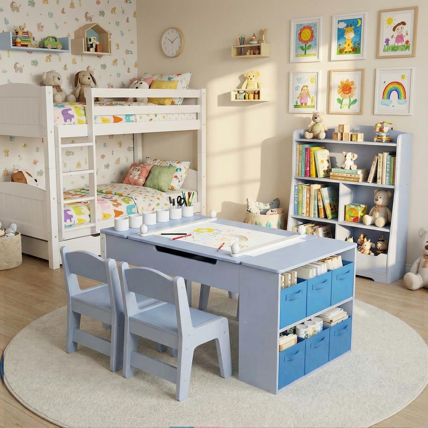MAMIZO Table pour Enfant avec 2 Chaises, Bureau Enfant en Bois avec Rangement, Bureau avec Rangement pour Fille Garcon 3+ Ans, Table a Dessin avec Rouleau de Papier pour Jouer Dessiner (Bleu)