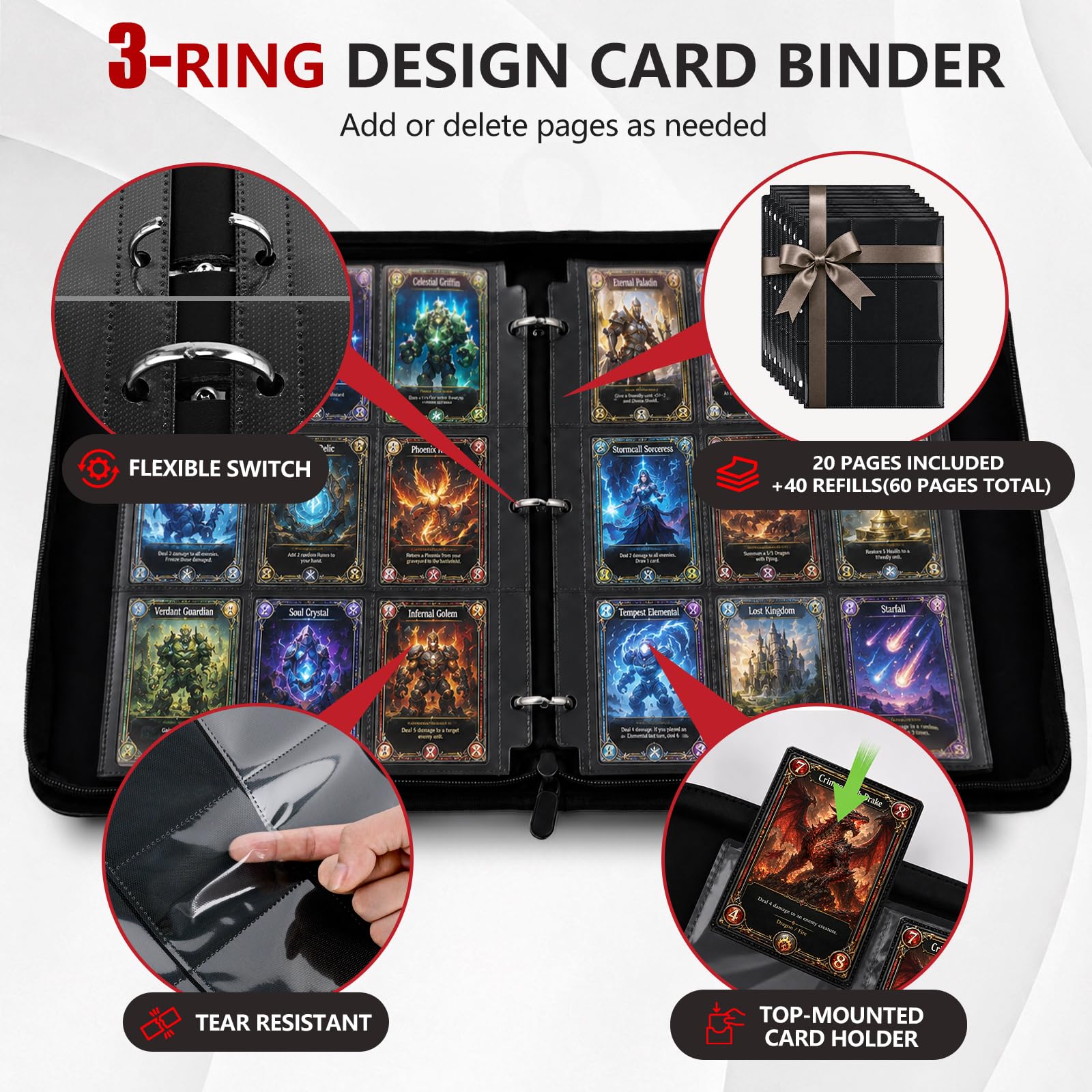 Raccoglitore a 9 tasche per carte collezionabili con cerniera, doppio lato, 990 tasche, in poliuretano, 55 pagine, per giochi da collezione, sport, TCG, blu navy