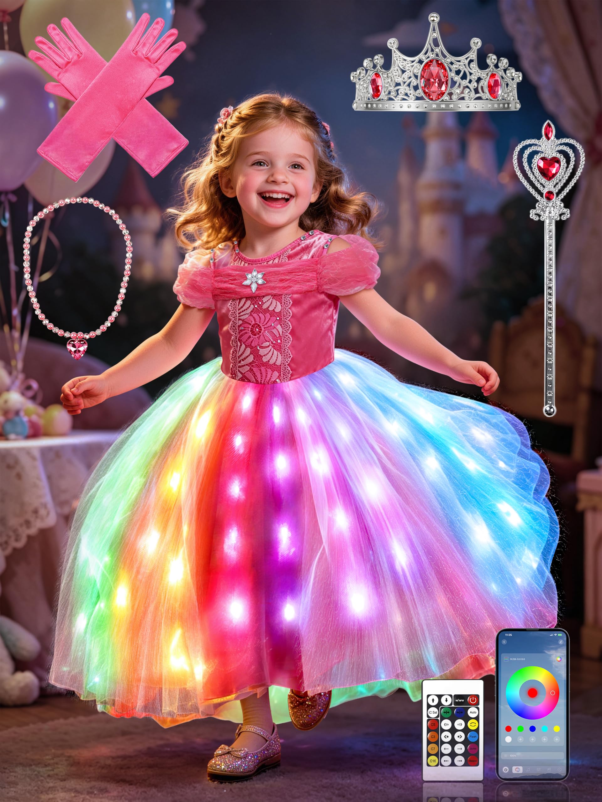 Disfraz de princesa para niña, control de aplicación, con 4 accesorios para Halloween, Navidad, carnaval