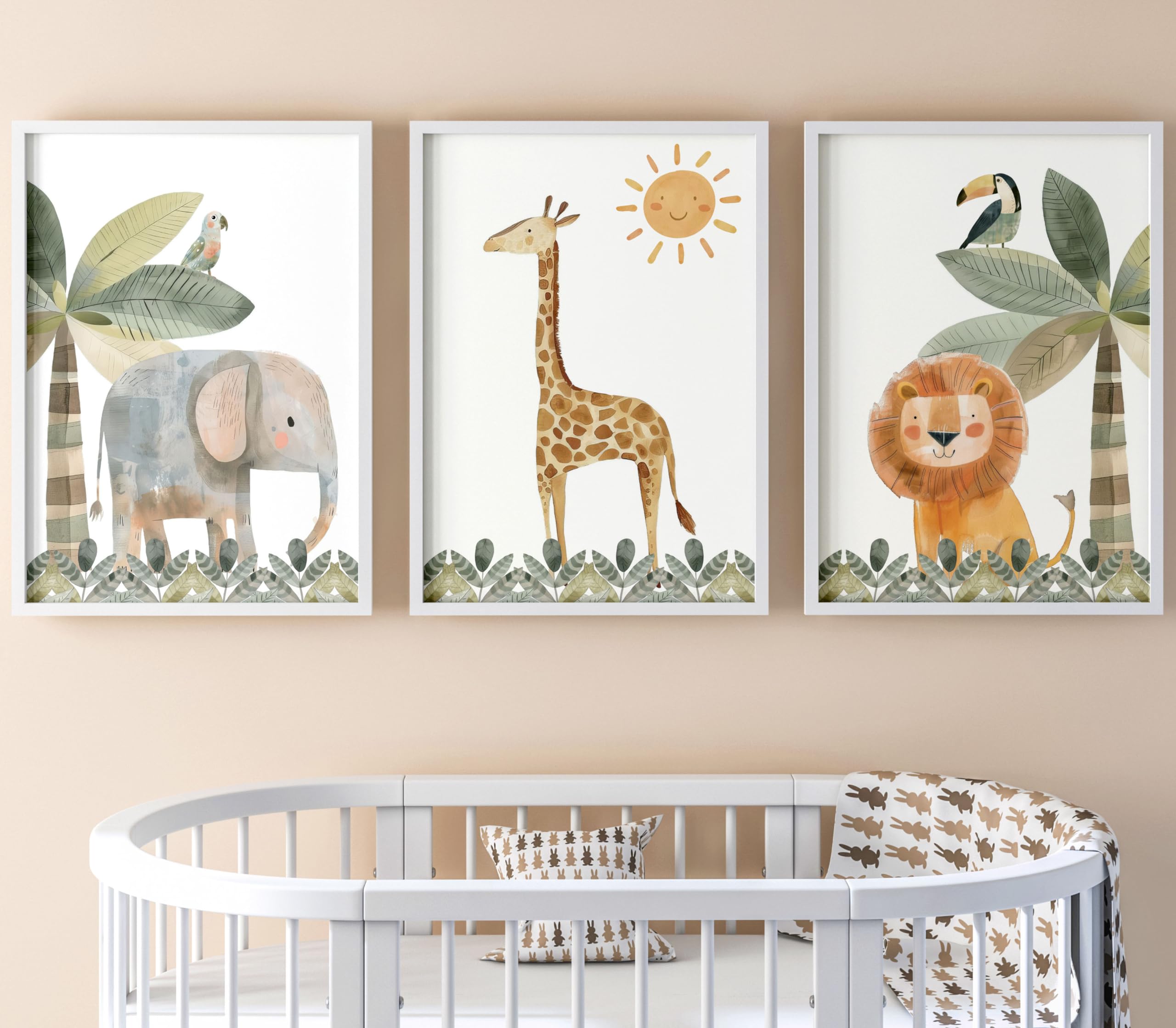 Eviepops Prints Quadri Cameretta Safari – Set di 3 Stampe Animali Acquerello Elefante, Giraffa, Leone Toni Neutri Decorazione Parete Bambini e Sala Giochi (A3)