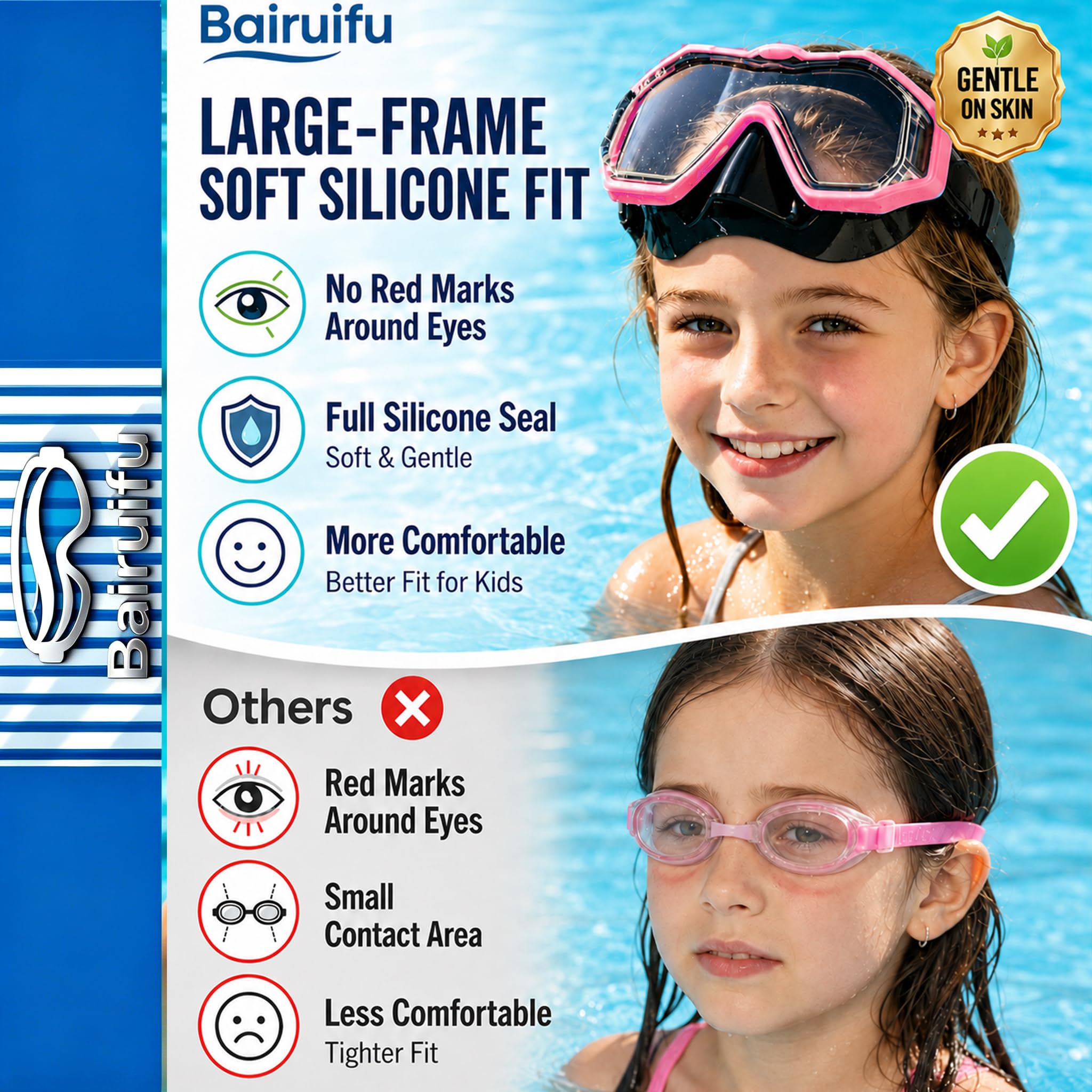 Kinder-Schwimmbrille, Schnorchelmaske, neueste 3-Fenster-Gläser, breite Sicht, kristallklar, weiche Nasenabdeckung