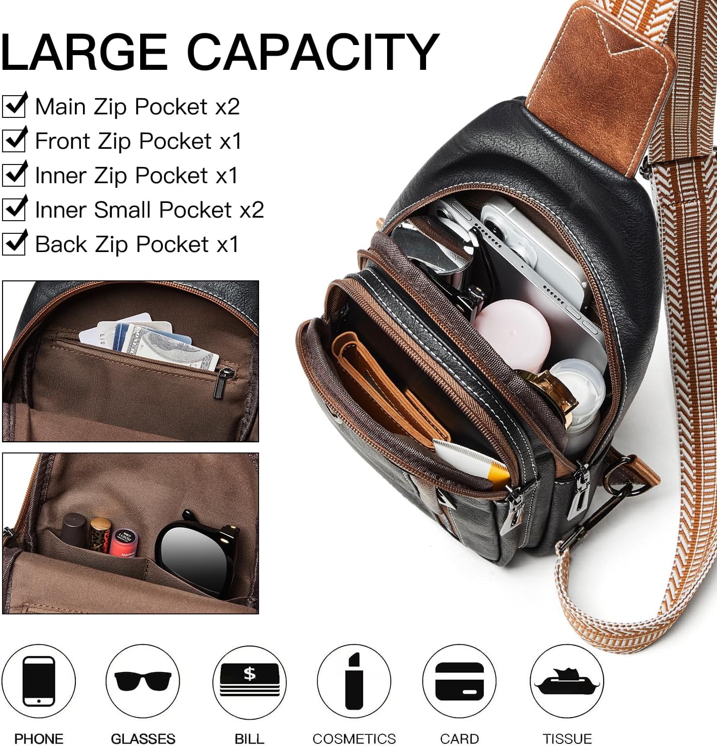 7L Sling Bag for Women Men Leather Small Sling Backpack Daypack Anti Theft Fanny Pack Crossbody Purse Travel - Image 4