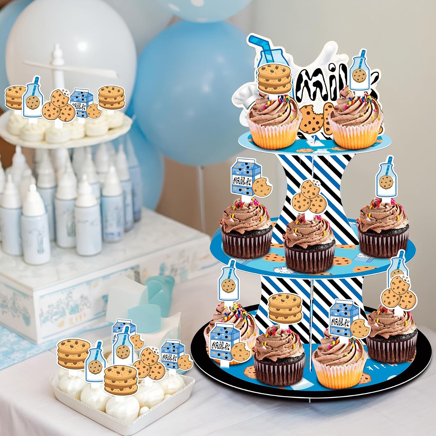 Blue Cookie Milk Cupcake Stand Tower Dessert Holder 1Pcs with Cupcake Toppers 24Pcs for Boy Cookie Milk Birthday Baby Shower Party Favor Decorations Supplies