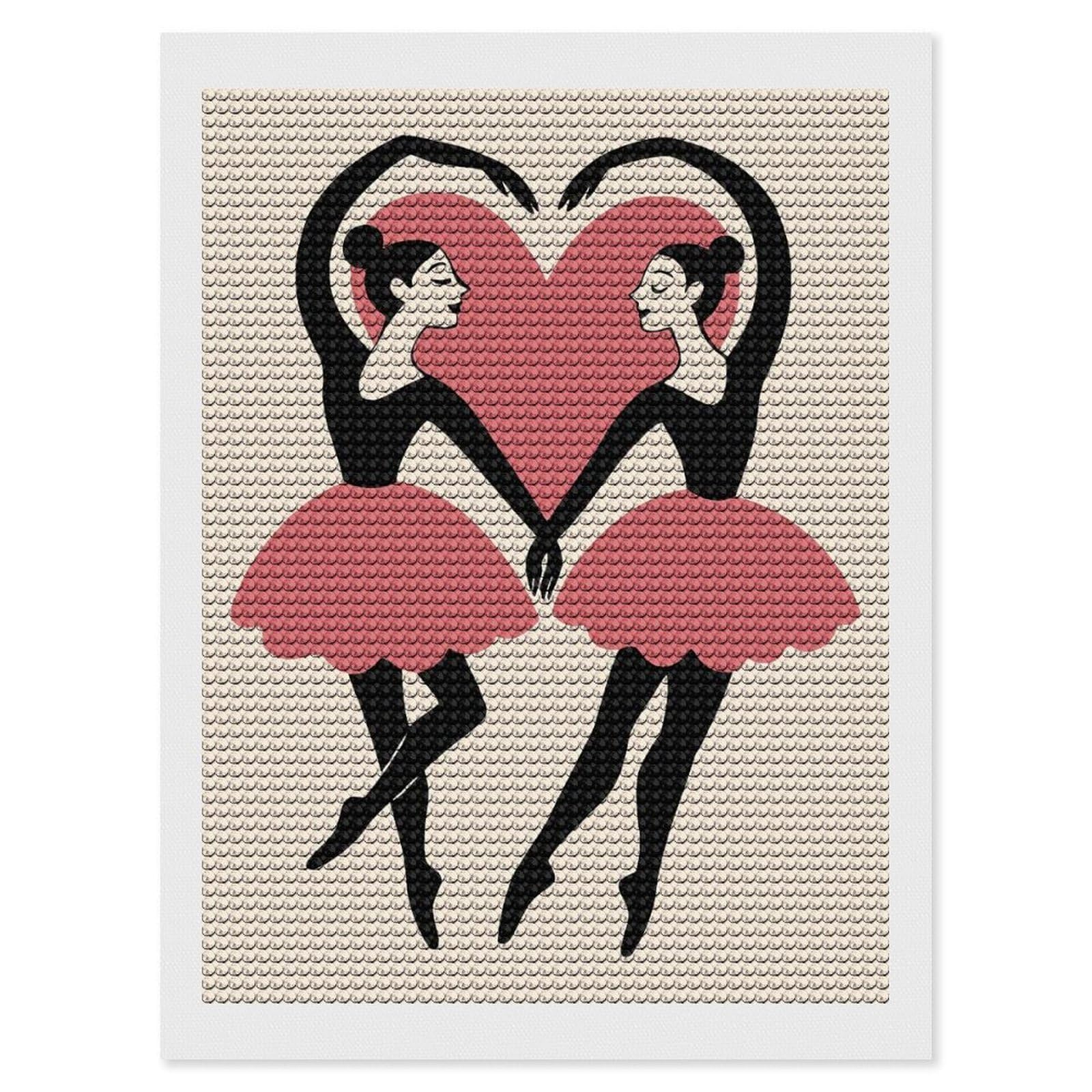 Junmoney Ballet Dancers Forming A Heart Diamond Art Kit 12"x16", for Beginners, Vintage Style Decor, Good for Quiet Evenings, Festive Craft Gift