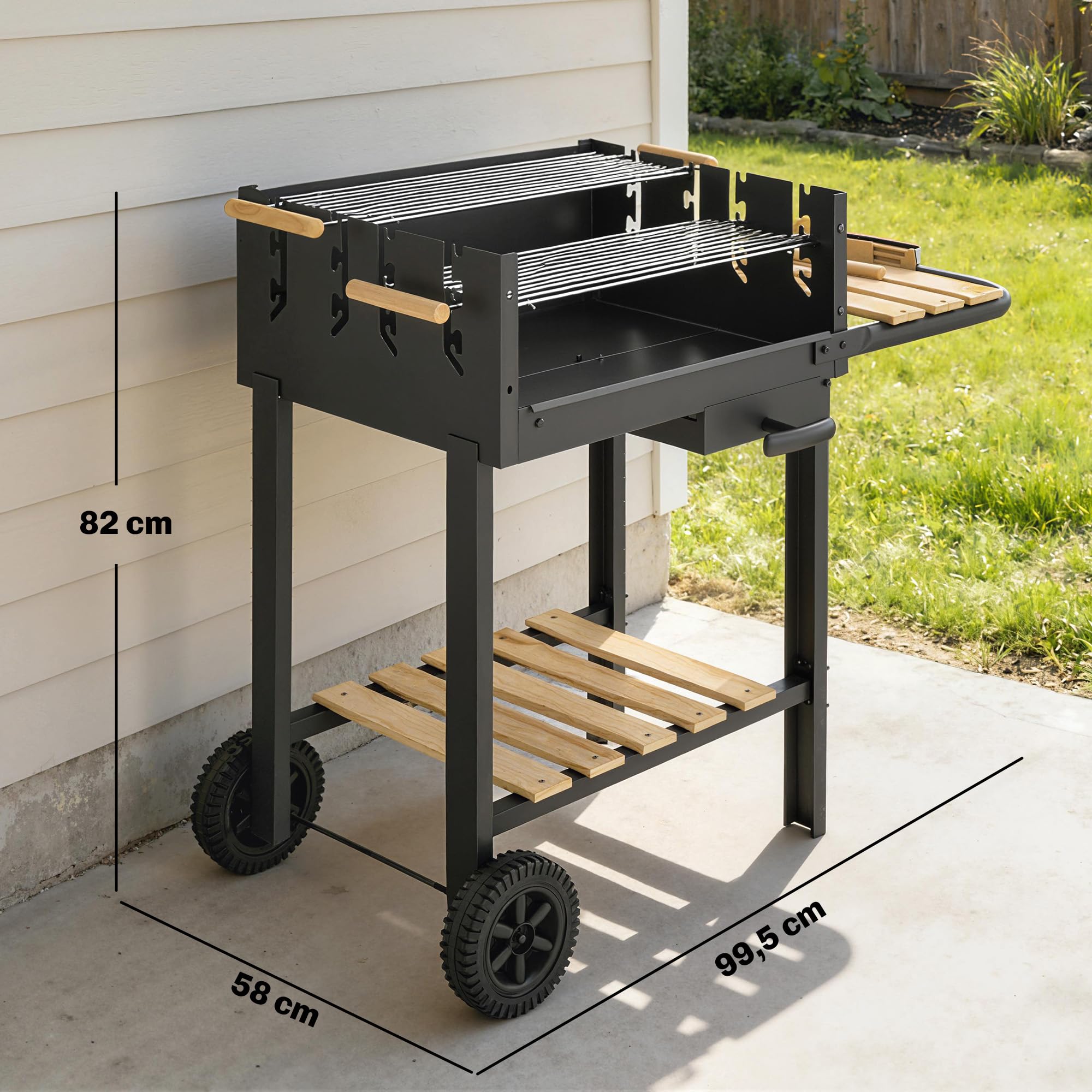 Outsunny Barbecue au Charbon de Bois avec 2 Grilles Réglableset 3 Accessoires, Chariot à Barbecue de Bois, Tablette Latérale, Récupérateur de Cendres et Roues, pour Jardin, Terrasse, Camping, Noir