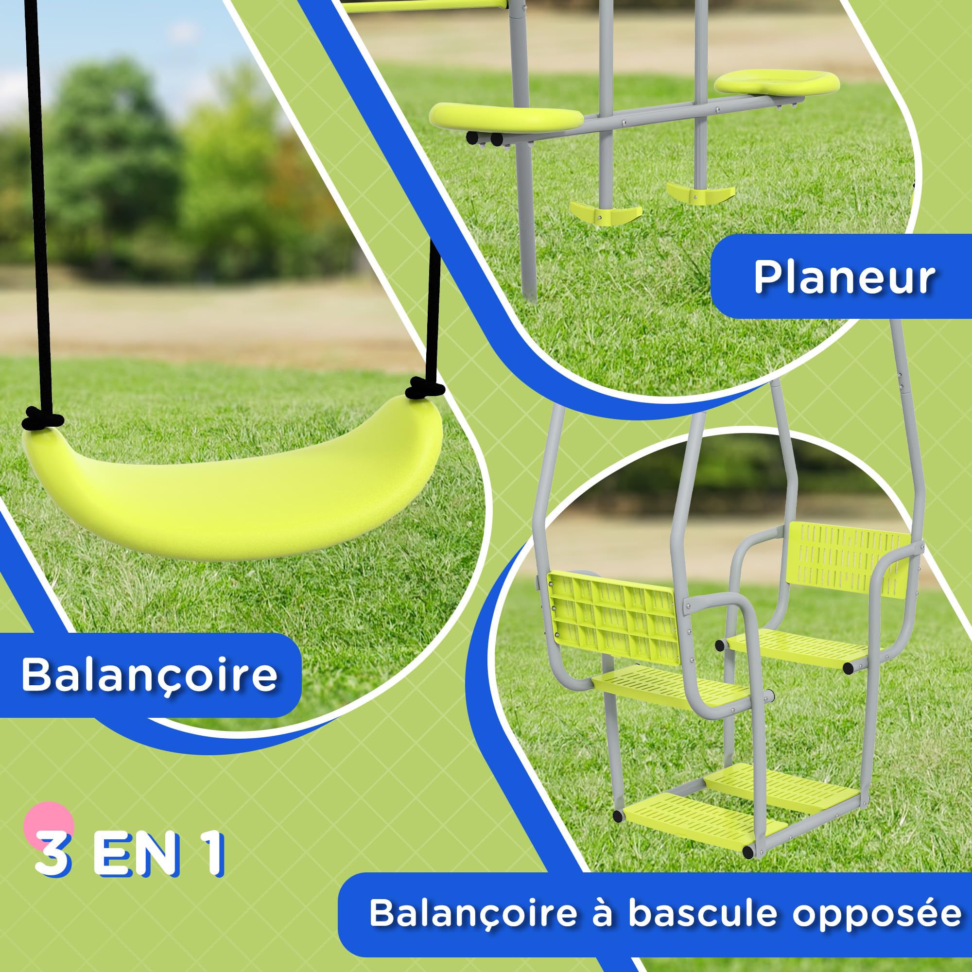 Outsunny Balançoire Portique pour Enfant 3 en 1 avec 1 Face à Face Vert | 3 Agrès, Balançoire de Jardin, Structure en Métal, Charge Max. 225 kg, Aire de Jeux Extérieure