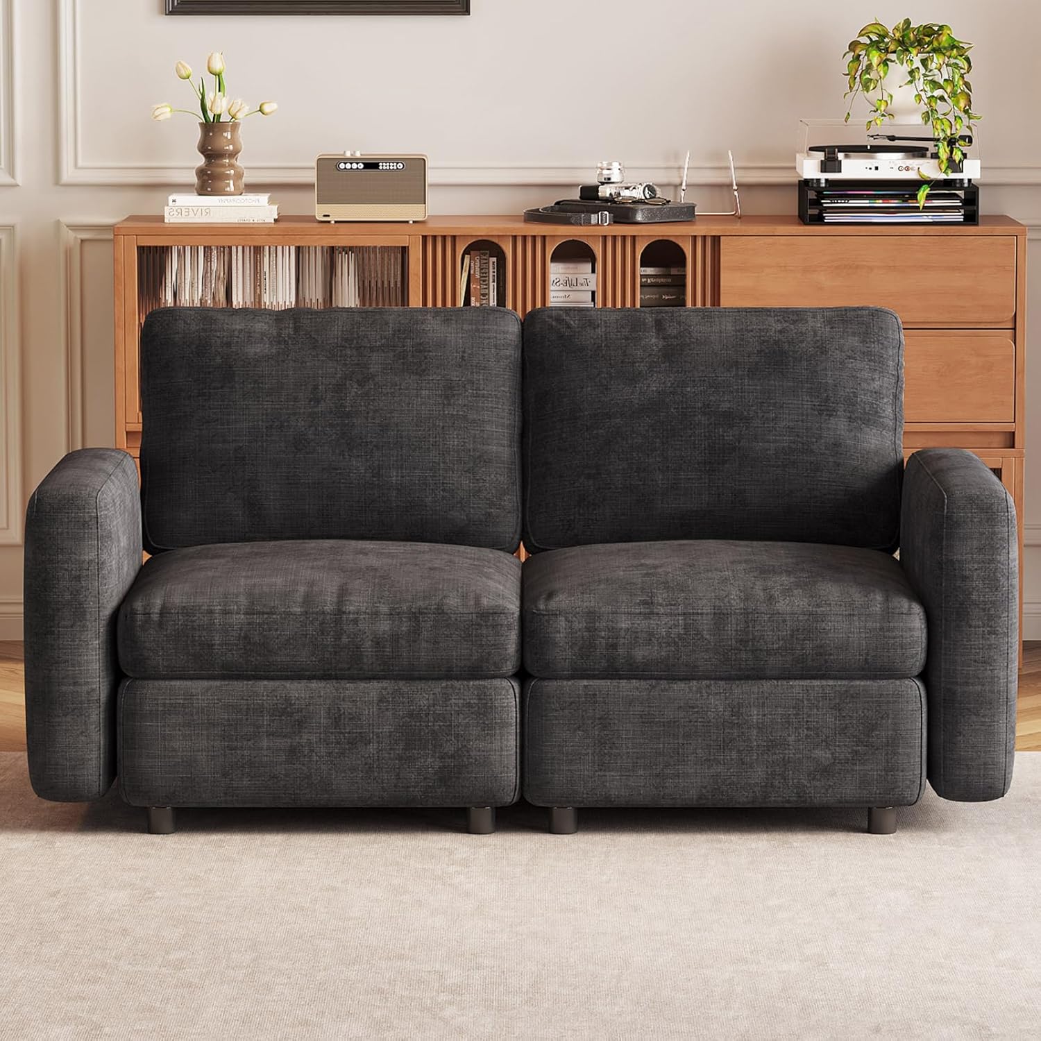 Miuuod 2-Seat Modular Sofa Couch Grey with Ergonomic Cushions, Convertible Sleeper Sectional for Living Room Bedroom Apartment, Cloud Futon Lounge Furniture Set for Small Spaces Compact Loveseat