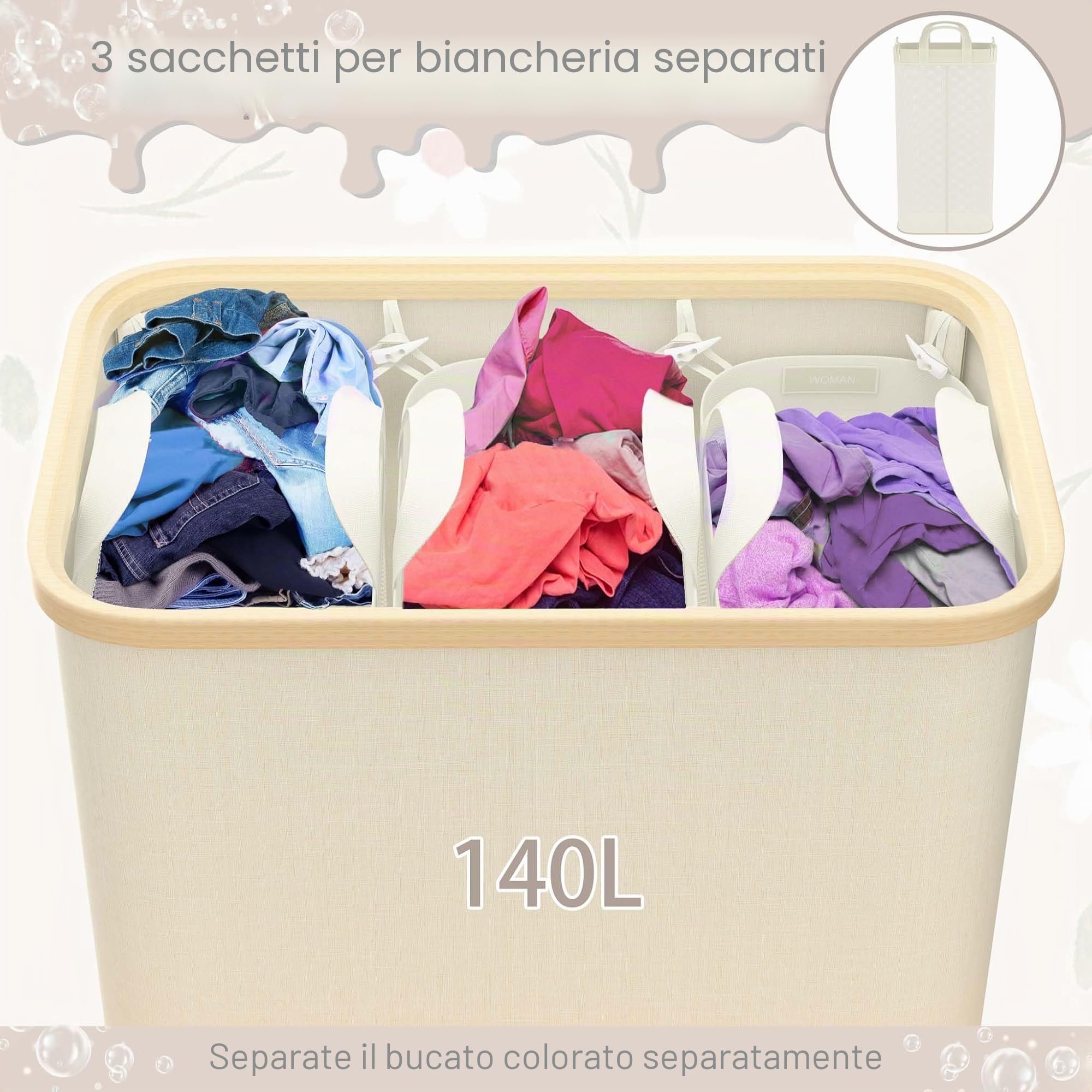 LILIIN 140L Cesto portabiancheria con coperchio, contenitore per biancheria a 3 scomparti, sacco per la biancheria stretto, cesto pieghevole per la biancheria, cesto per la biancheria con manici