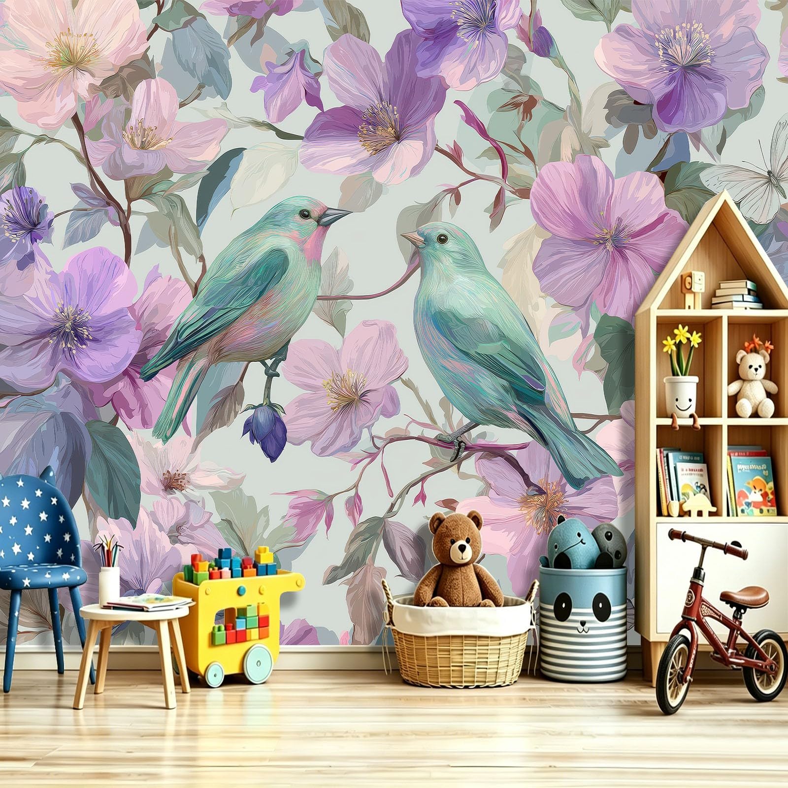 Fototapeta francuski ptak kwiatowy motyl zielony niebieski tapeta z włókniny dekoracja salonu sypialni kobiety, 300 x 210 cm