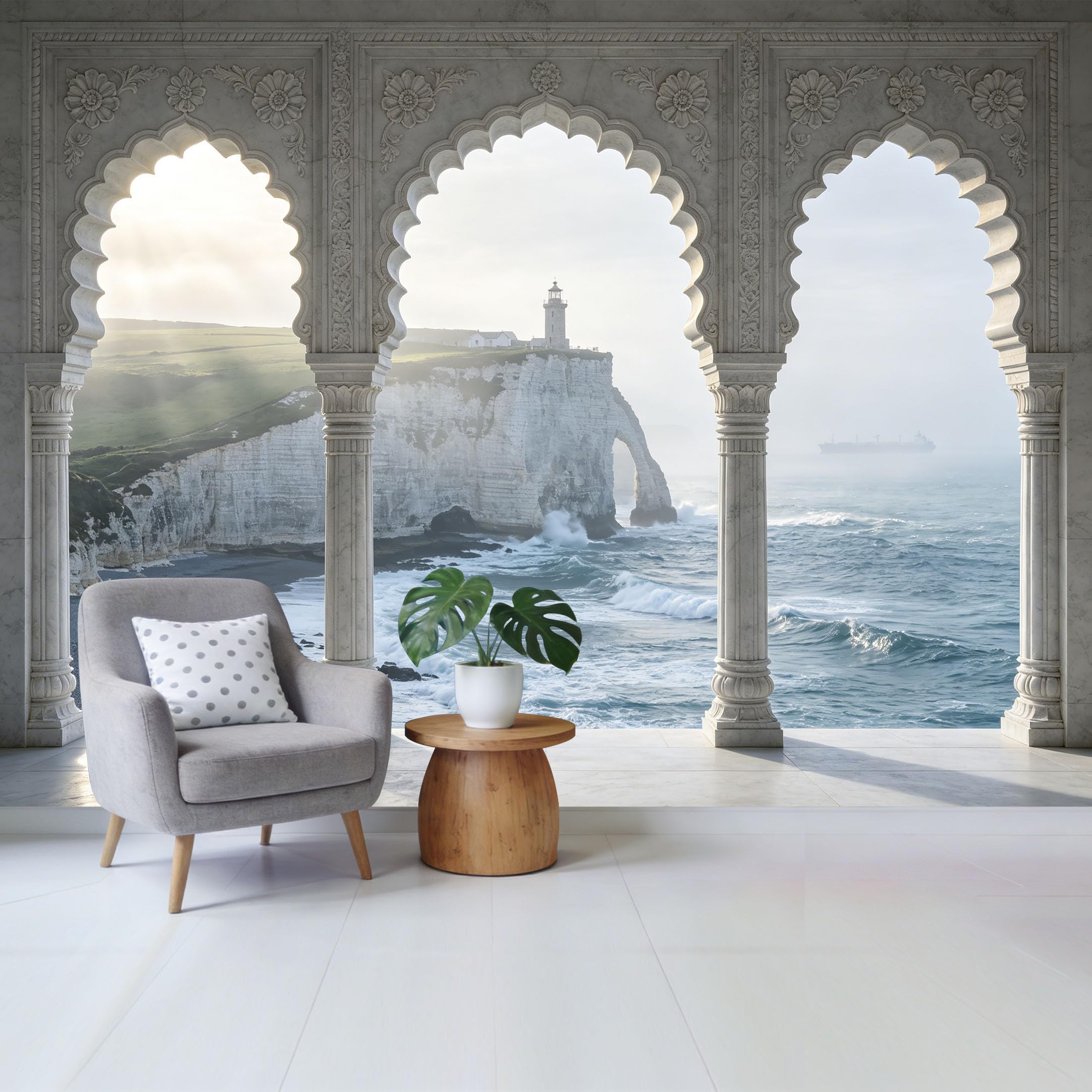 Custom Size Wall Mural Coastal Lighthouse Cliff Ocean View 3D Trompe L'Oeil Removable Self Adhesive Fabric，Home Wall Decor for Living Room Bedroom Bathroom