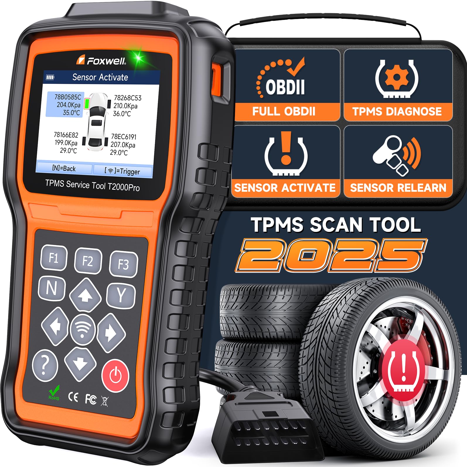 FOXWELLT2000 Pro TPMS Relearn Tool, Activate/Relearn/Diagnostic All Sensors, 2025 TPMS Programming Tool Only Program FOXWELL T10 Sensors 315/433MHz, TPMS Tire Pressure Monitor System Tool
