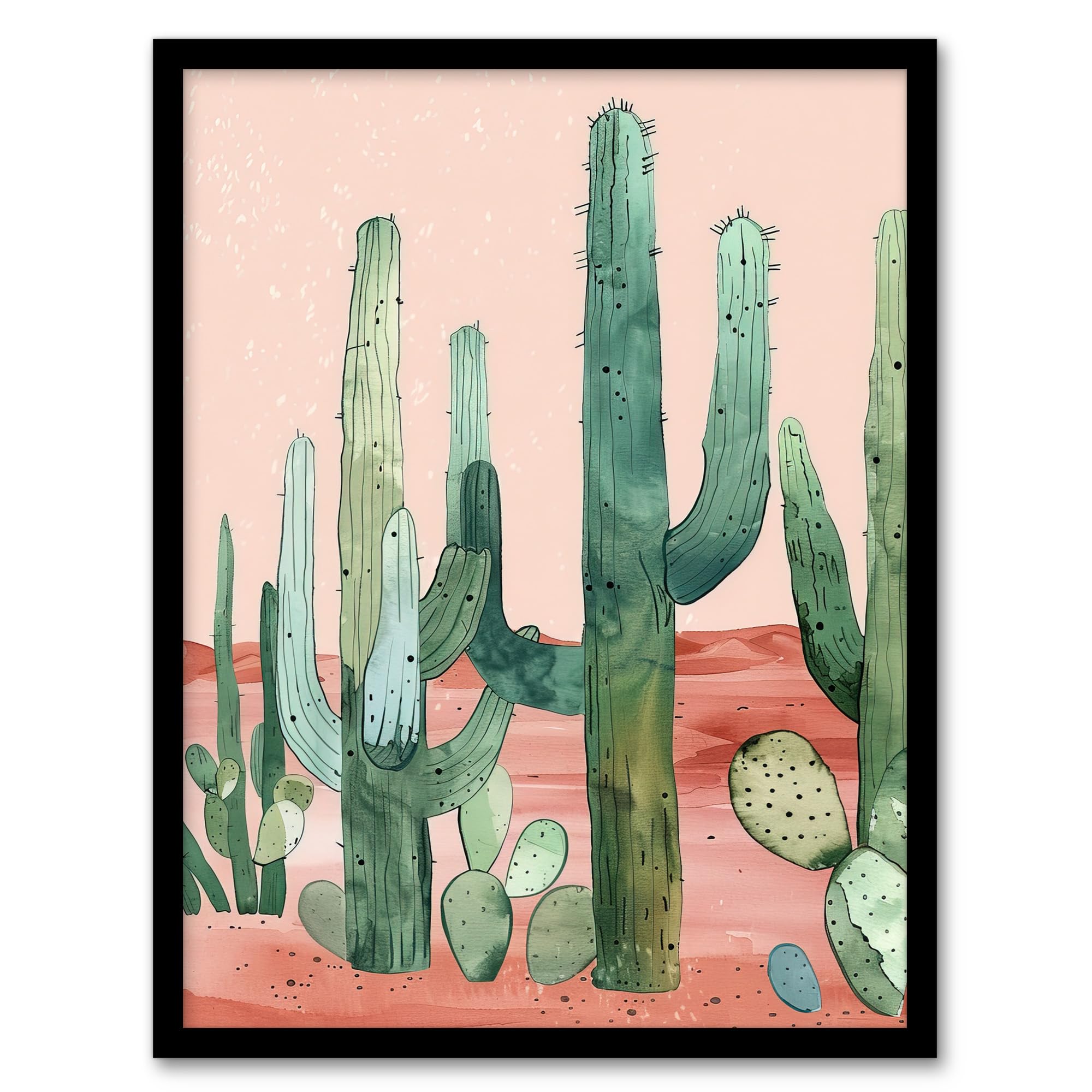 Artery8 Saguaro Cactus Pink Mexican Desert Landscape Living Room Artwork Framed Wall Art Print A4