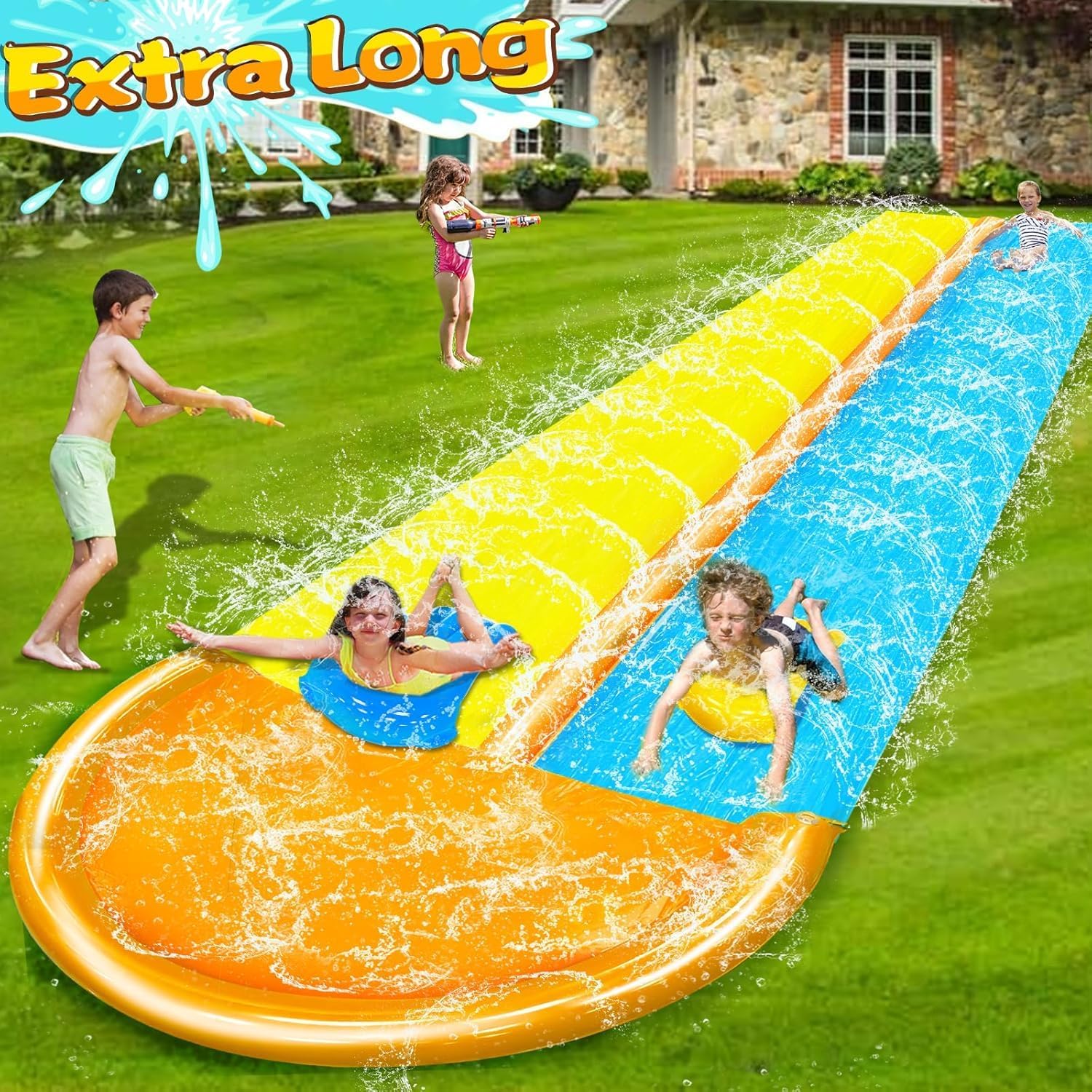 30 Ft Extra Long Slip Water Slide with Sprinkler, Heavy Duty Lawn Water Slide for Kids Adults, Double Lane Water Slide with 2 Bodyboards, Backyard Lawn Summer Outdoor Water Toys for Water Party Play 30Ft Double Lane