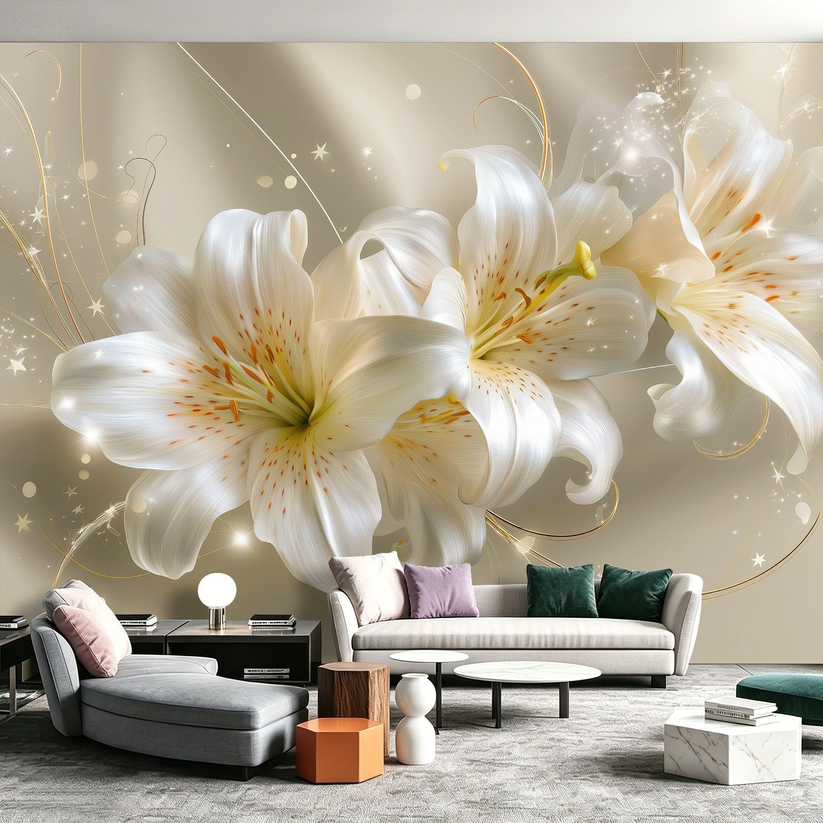 Tapeta - białe lilie gwiazdy linie 350 x 256 cm (szer. x wys.) - włóknina, druk artystyczny, polar, fototapeta ścienna, plakat, nowoczesny, minimalistyczny 3D, do salonu, sypialni i kuchni, fototapeta