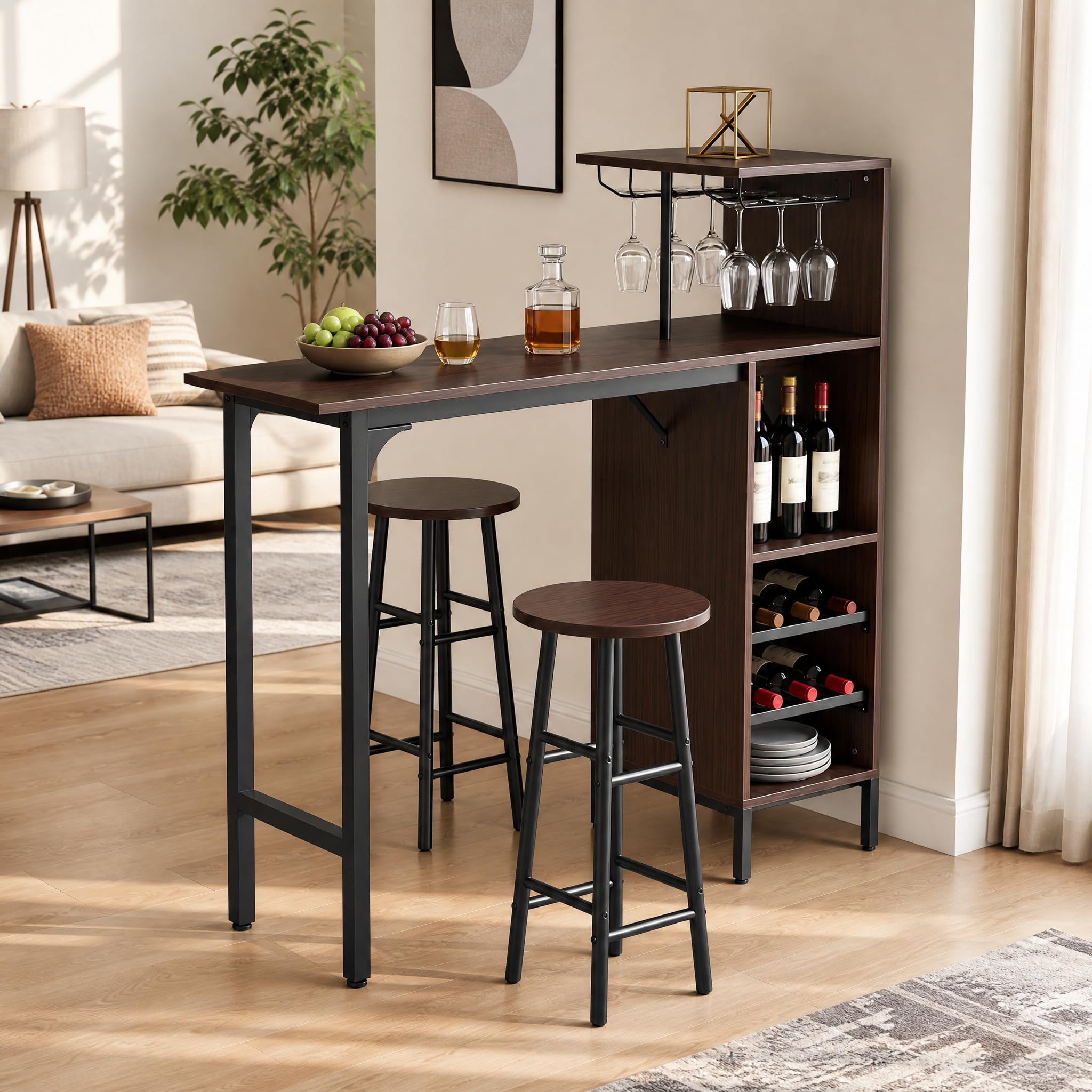 RELAX4LIFE Table Haute avec Tabouret, Mange Debout avec Porte-Verre, Porte-Bouteille, Étagères, Petite Table Bar Industrielle pour Cuisine Bistro Salle à Manger (Café)