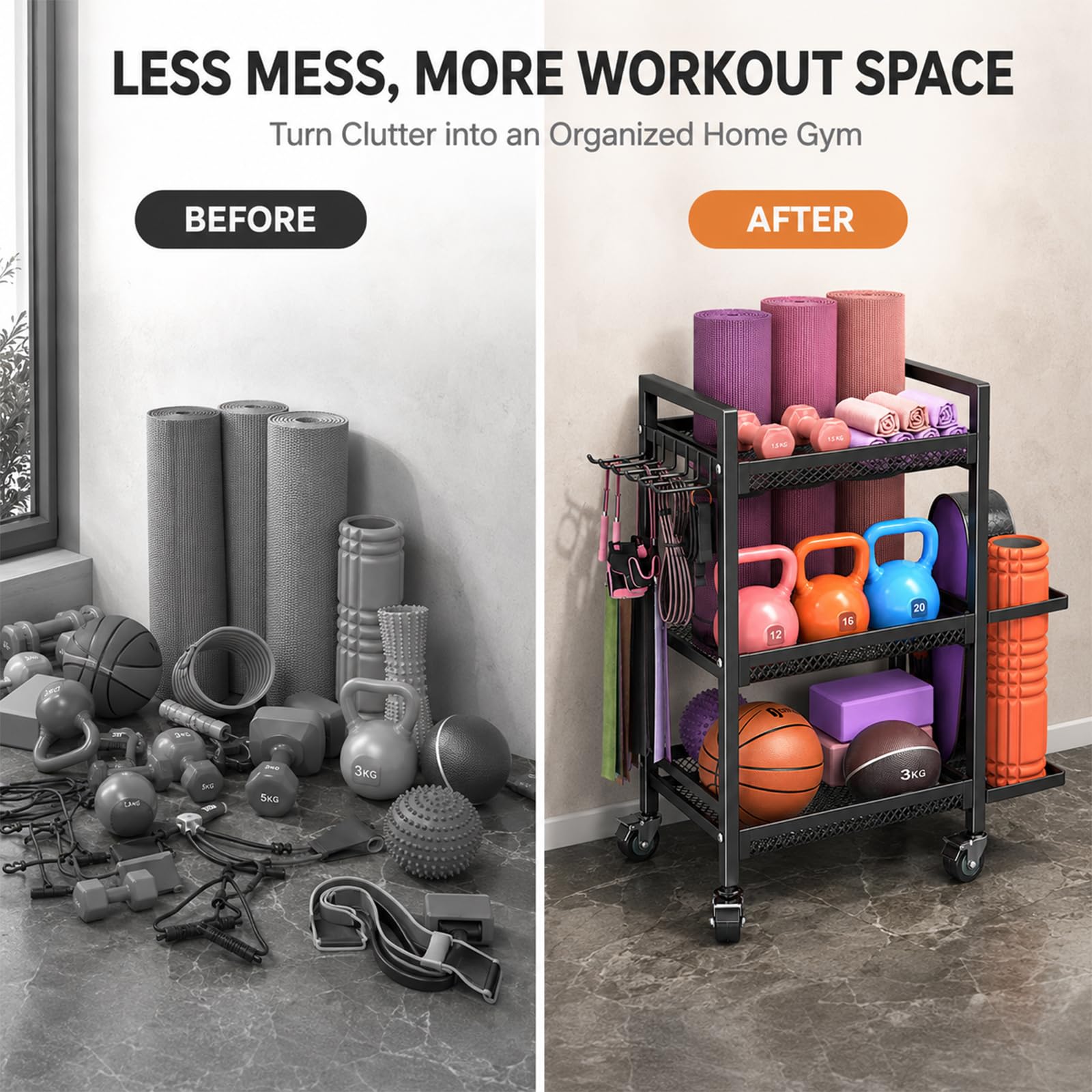 Soporte de pesas para gimnasio en casa, con ruedas, 3 niveles | Esterilla de yoga, estantería y bandeja para pesas, pesas rusas, rollo de fascia, organizador de equipos deportivos de acero