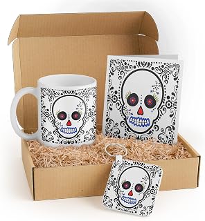 3dRose Día de los Muertos Skull Gift Set - Colorful Mug, Keychain, and Card - Perfect for Cultural Celebrations, Halloween Presents, and Art Lovers