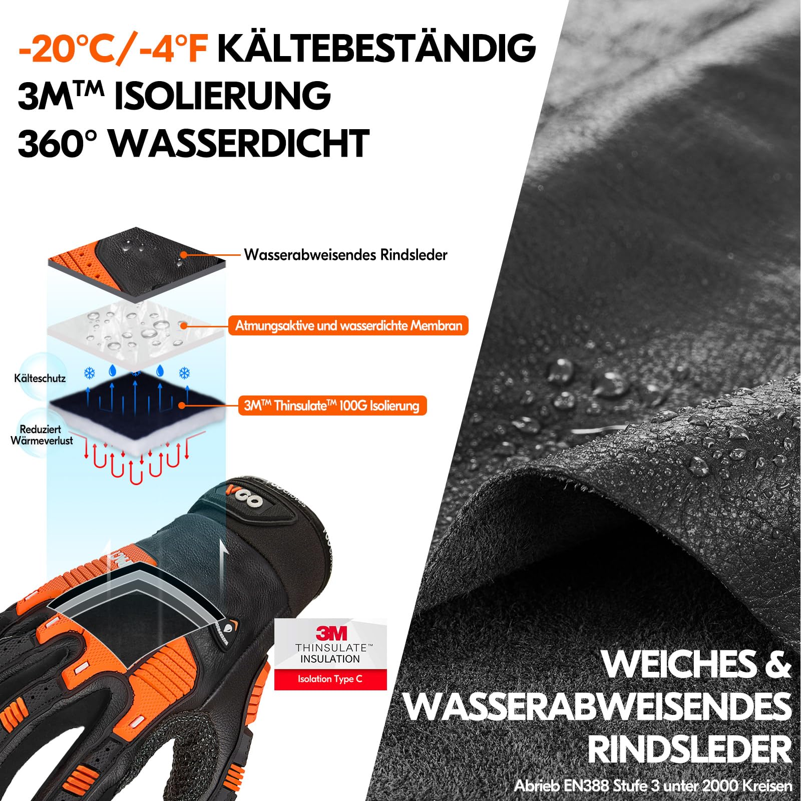 Vgo... Winter-Mechaniker-Handschuhe, Sicherheitsarbeitshandschuhe für Kühllager oder Gefrierschrankn, Wasserdicht, Futter, Verringerung von Stößen und Vibrationen, -20℃/-4°F (CA7722FLWP,L,Schwarz)