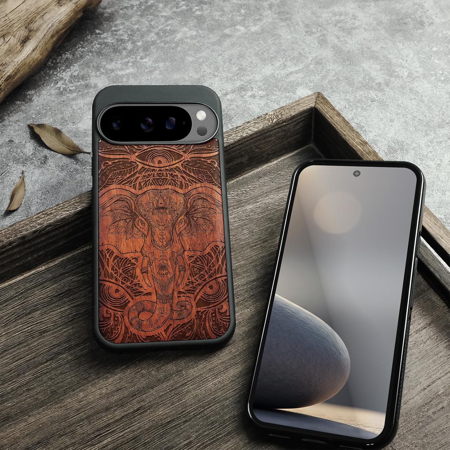 Carveit Magnetic Wooden Case for Google Pixel 10 Pro XL Case, Wood Artisan Engraved & Soft TPU Shockproof Cover, Compatible with MagSafe Wireless Chargers (Mystical Elephant Art) Rosy