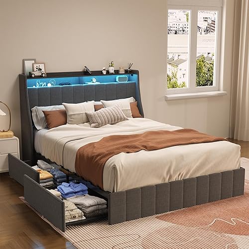 Livavege Base de cama tamaño Queen con cabecera de almacenamiento, espacios debajo de la cama y estación de carga, plataforma tapizada LED Queen con