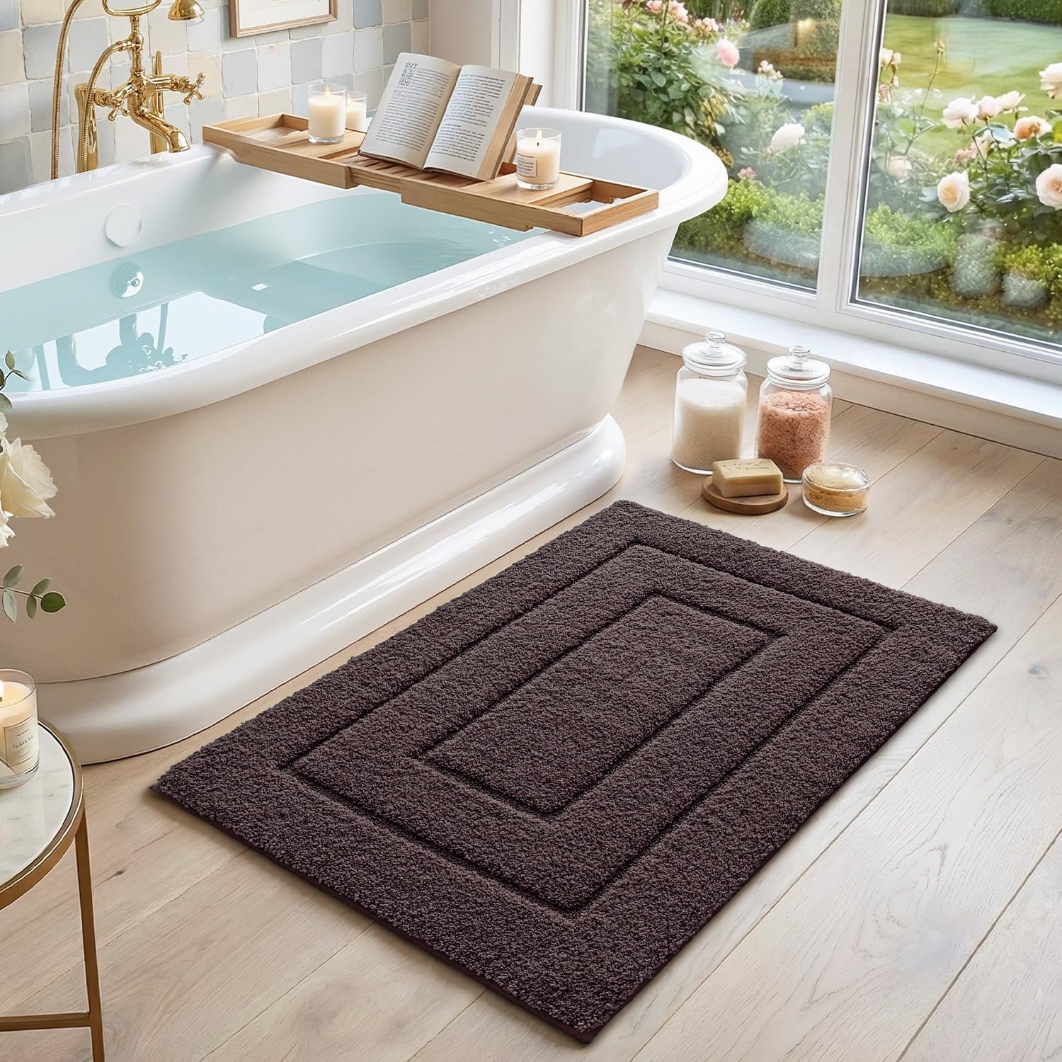 DEXI Bathroom Rug 36x24, Non Slip Washable Bath Mat for Shower Floor, Absorbent Soft Bathmat with Rubber Backing, Quick Dry Microfiber Carpet, Brown