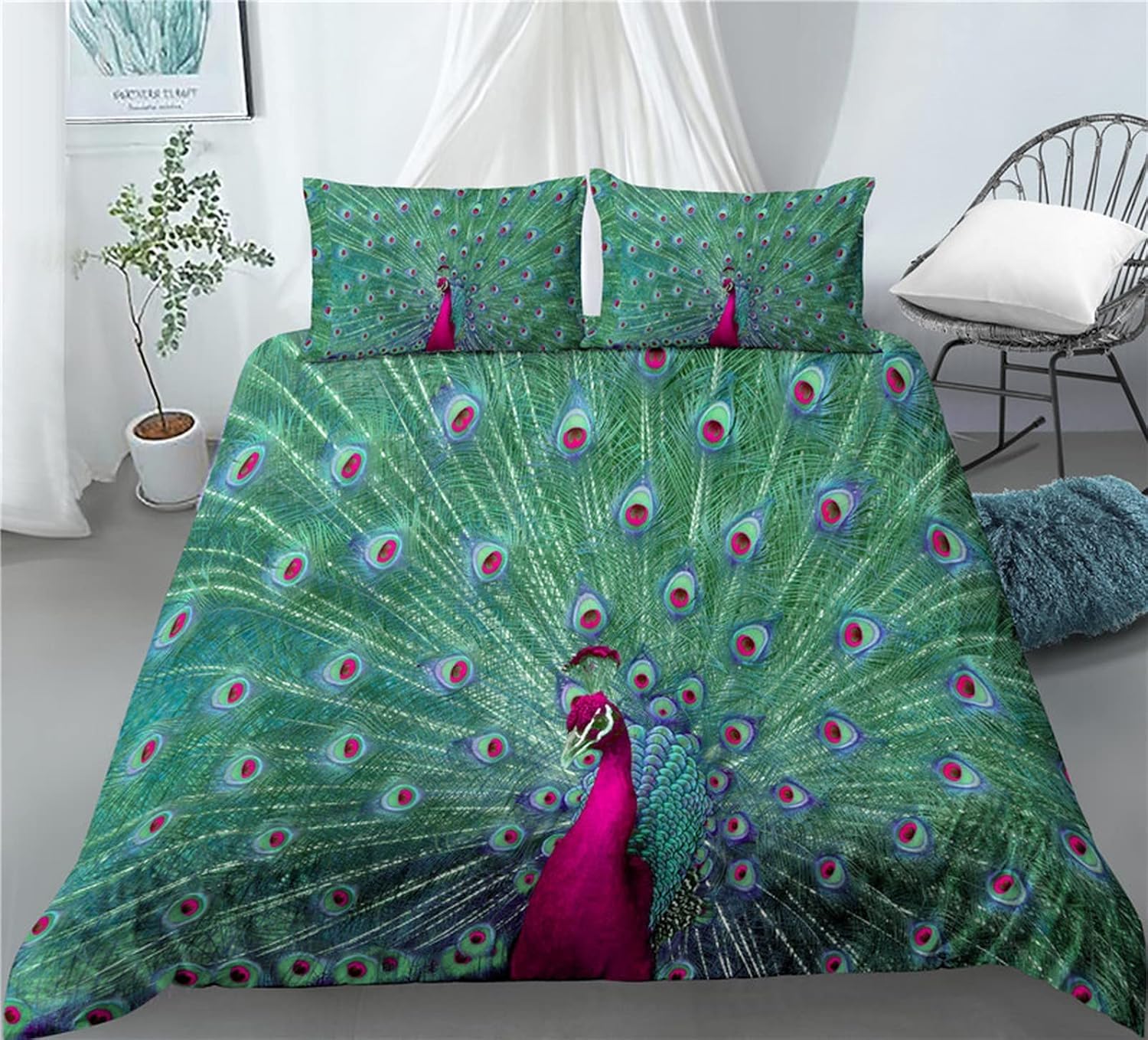 Housse de couette paon 240x220 microfibre facile à laver pour lit d'enfant et adolescent