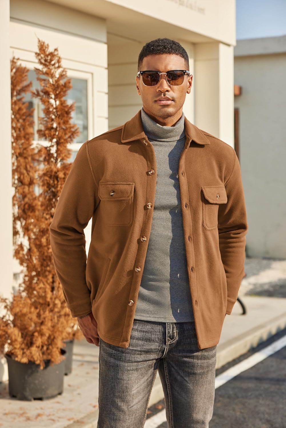 COOFANDY Men's Polar Fleece Shacket Long Sleeve Casual Button Down Shirt Jacket with Pockets - Image 2