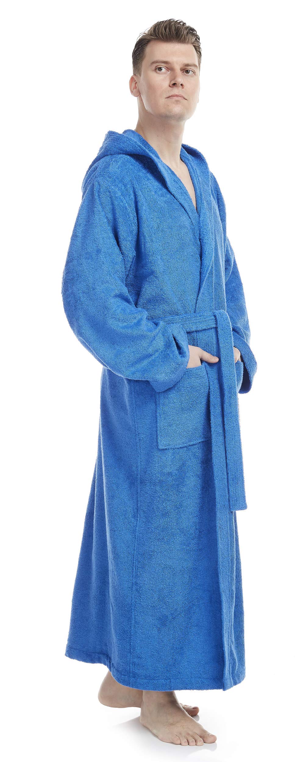 Męski szlafrok z kapturem, długość do łydek, Królewski błękit, Bardzo wysoki, XXL-3XL