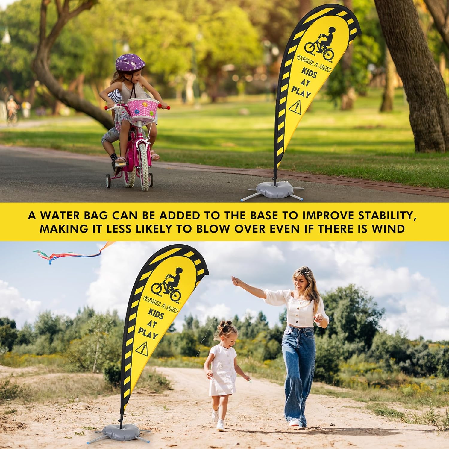 Newwiee 2 Pack Kids at Play Flag Banner Flag Safety Sign with Fiberglass Poles and Weighted Base Slow Sign for Streets, Yards and Driveways(Yellow)