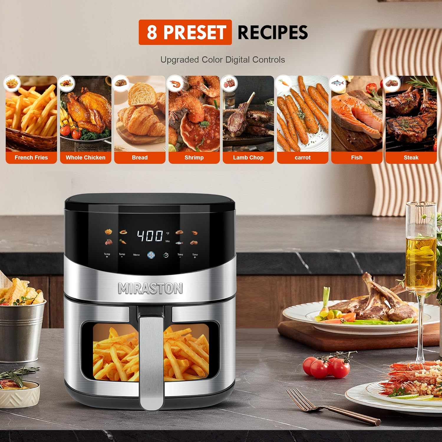 6.5QT Smart Digital Air Fryer, Visual Window, 8 Presets Recipes for Fast Easy Meal, Snack, Dessert, Main Dish, Square Basket Dishwasher-Safe, for 3-5 People, Kitchen Dorm Office