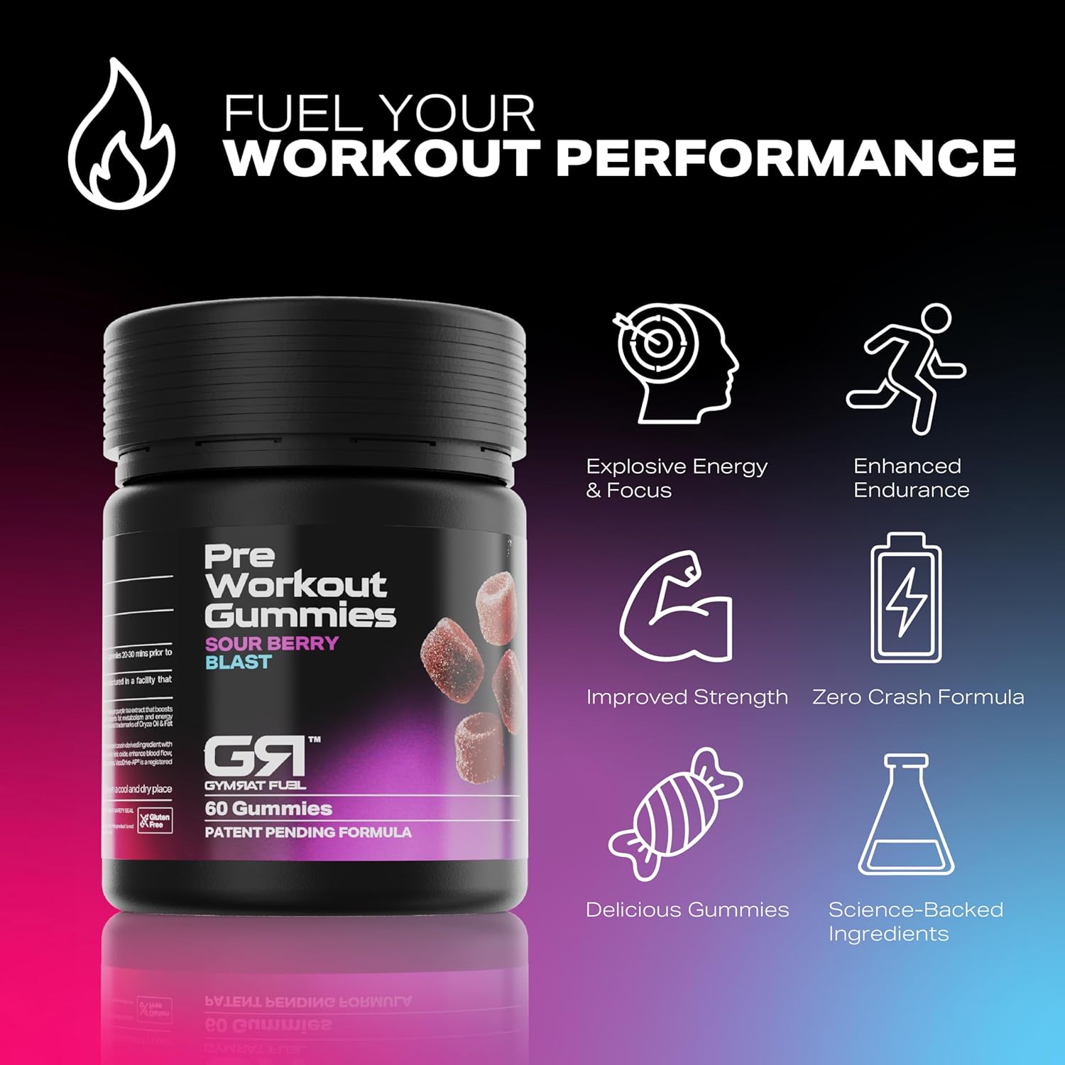 GymRat Pre Workout Gummies – Sour Berry Flavor, Intense Energy & Focus, First with Purple Force™, Vasodrive-AP, Guarana, Pea & L-Theanine – USA Made & GMP Certified (60 Ct) - Image 2