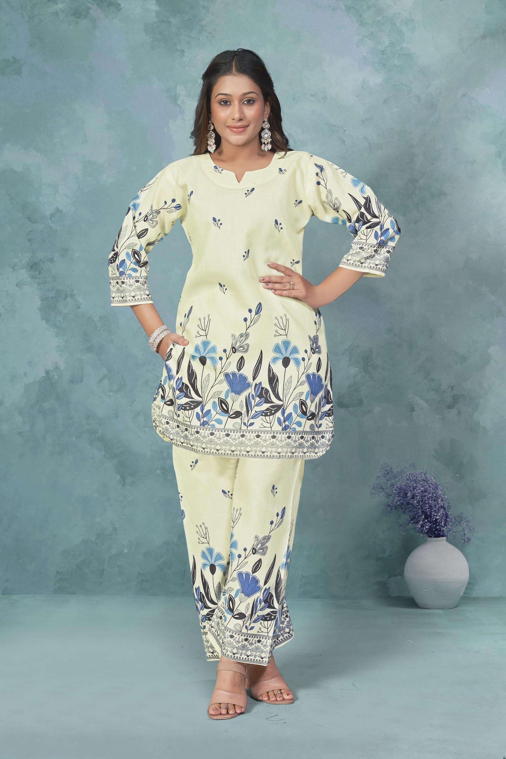 Women's Floral Print Cotton Kurta Pant Set, Light Yellow with Blue Flowers, Traditional Indian Ethnic Wear, 3/4 Sleeve-picture-39