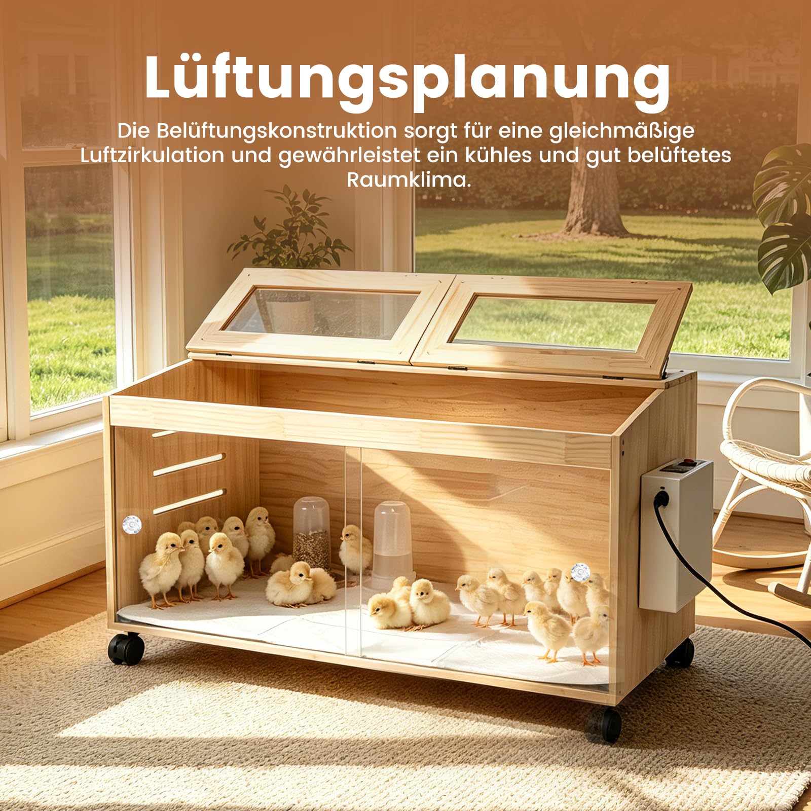 Kükenaufzuchtbox mit 4-Bremsrollen, intelligenter Brütkasten, Holzbrüter mit Temperaturregler, 80x40x40cm