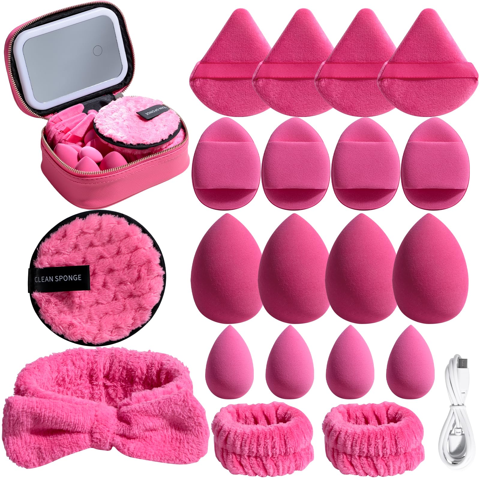 Travel Led Light Mirror With Makeup Sponge Set, Portable Super Soft Triangle Puff, Finger Sponge, Mini Sponges For Even Application, Includes Face Washing Puffs, Headband Wristband (Hot Pink)