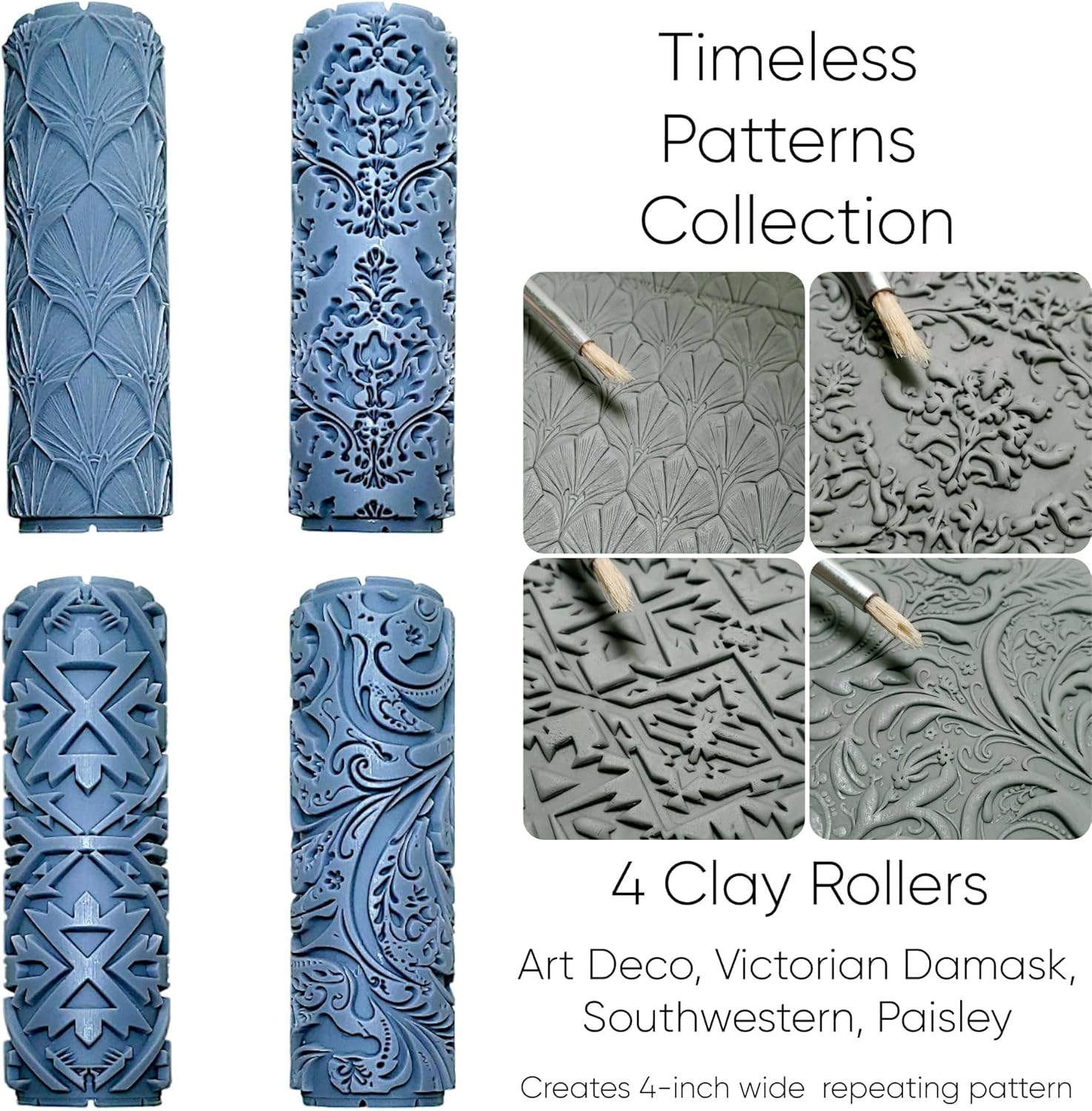 Timeless Patterns Collection Clay Texture Rollers 4-Pack (4") - Seamless Set #01 - Embossing Pattern Rollers for Polymer & Ceramic Clay, Pottery & Crafts