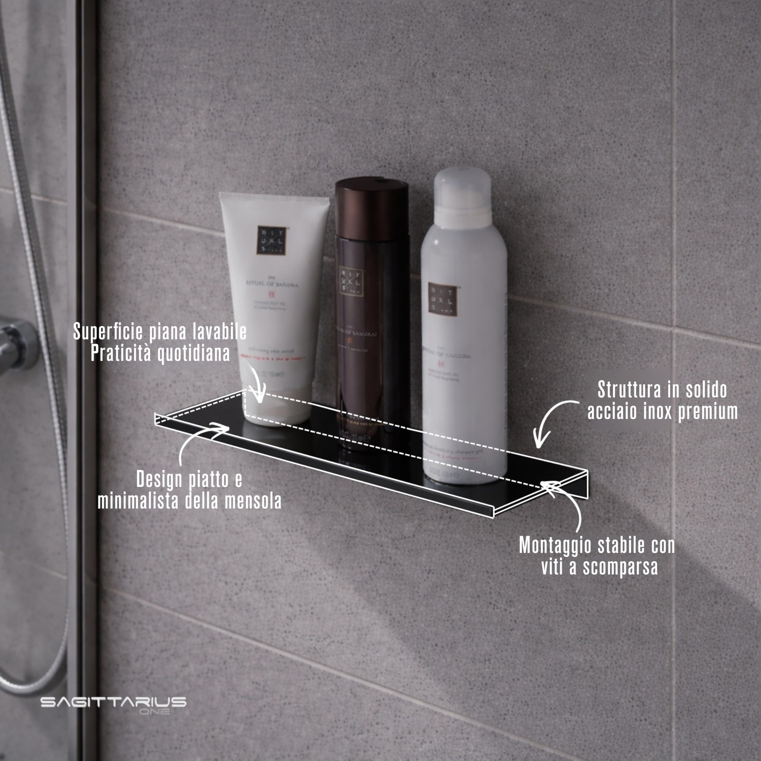 300S1-B Mensola Doccia Scaffale in Acciaio Inossidabile SUS304 Resistente alla Ruggine 30cm, Organizzatore da Bagno Lucido, Porta Shampoo Nero Opaco | Scaffale Porta Shampoo, Sus304 Antiruggine, Organizzatore Da Bagno