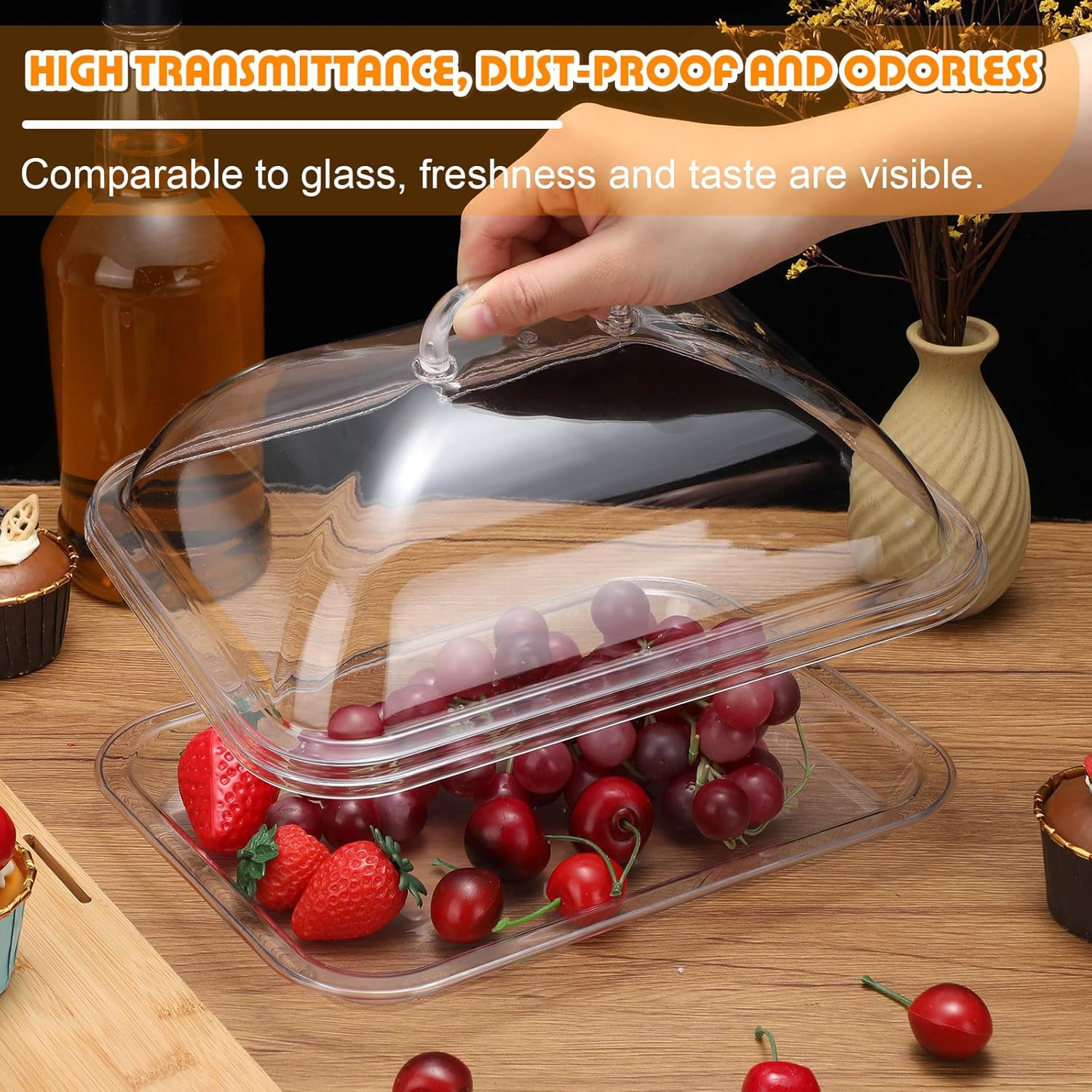 4 Pack Clear Acrylic Serving Tray with Dome Lid Rectangular Food Tray for Cake Dessert Buffet Serving Food Banquets Parties Restaurant Display,10.83 x 8.46 x 5.59 in