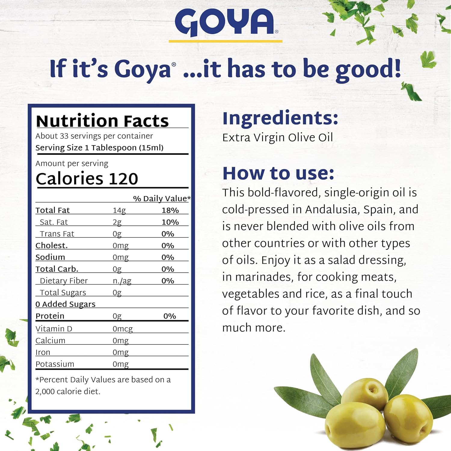 Extra Virgin Olive Oil by Goya, Cold Pressed, Evoo Extra Virgin Olive Oil for Cooking, Polyphenol Rich, 34 fl oz. Bottle (Pack of 2)