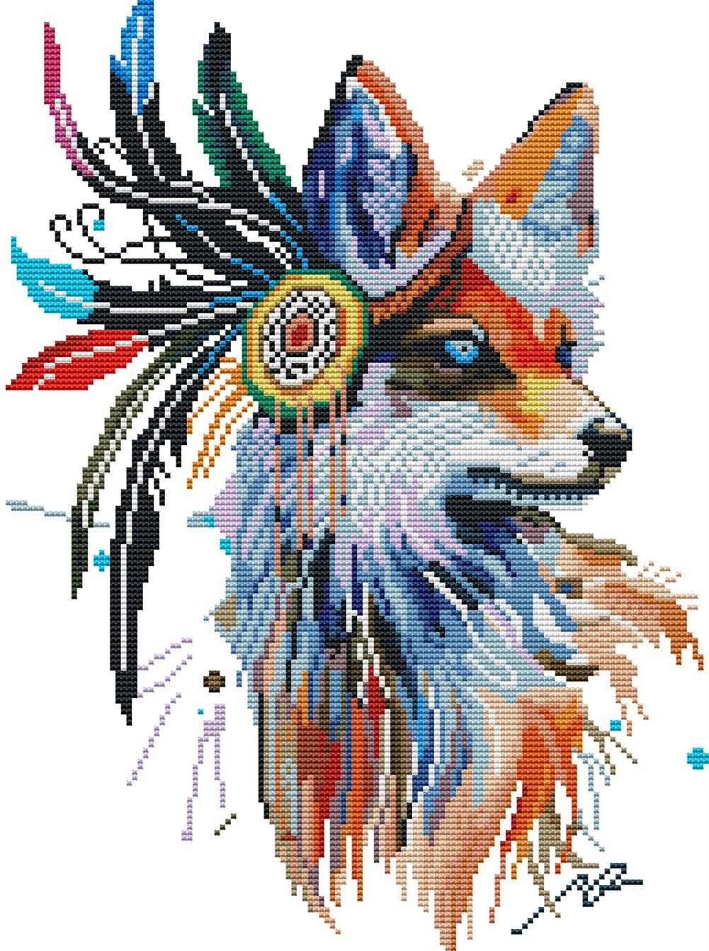 WOWDECOR Cross Stitch Embroidery Kits for Adults Kids, Colorful Wolf Animals Feathers 11CT Stamped DIY DMC Needlework Easy Beginners