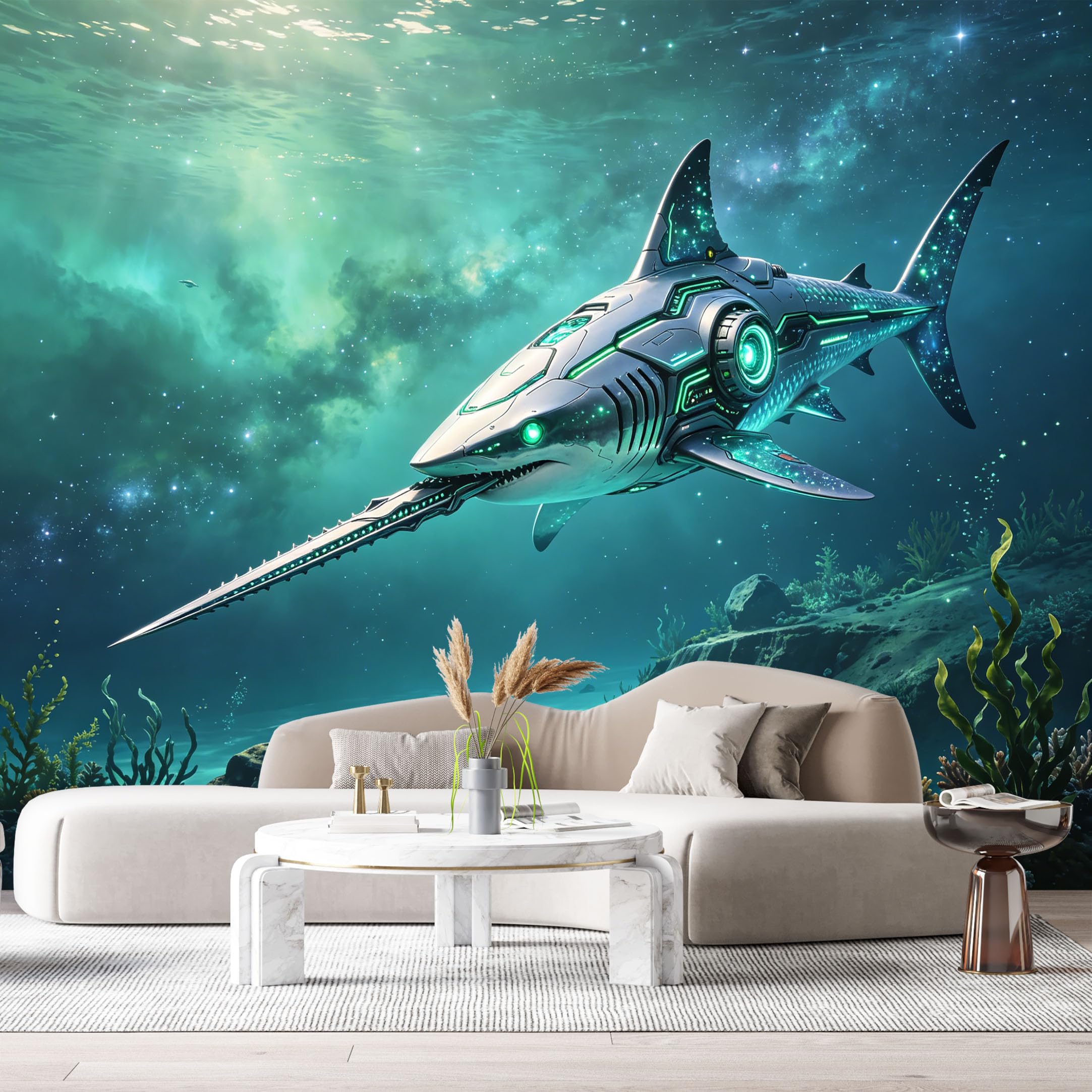 Custom Size Wall Mural Futuristic Mech Shark SciFi Ocean Robot Neon Mechanical Marine Creature SelfAdhesive Art Prints Removable Large Wallpaper Esports Room Game Room Tenant Room Studio